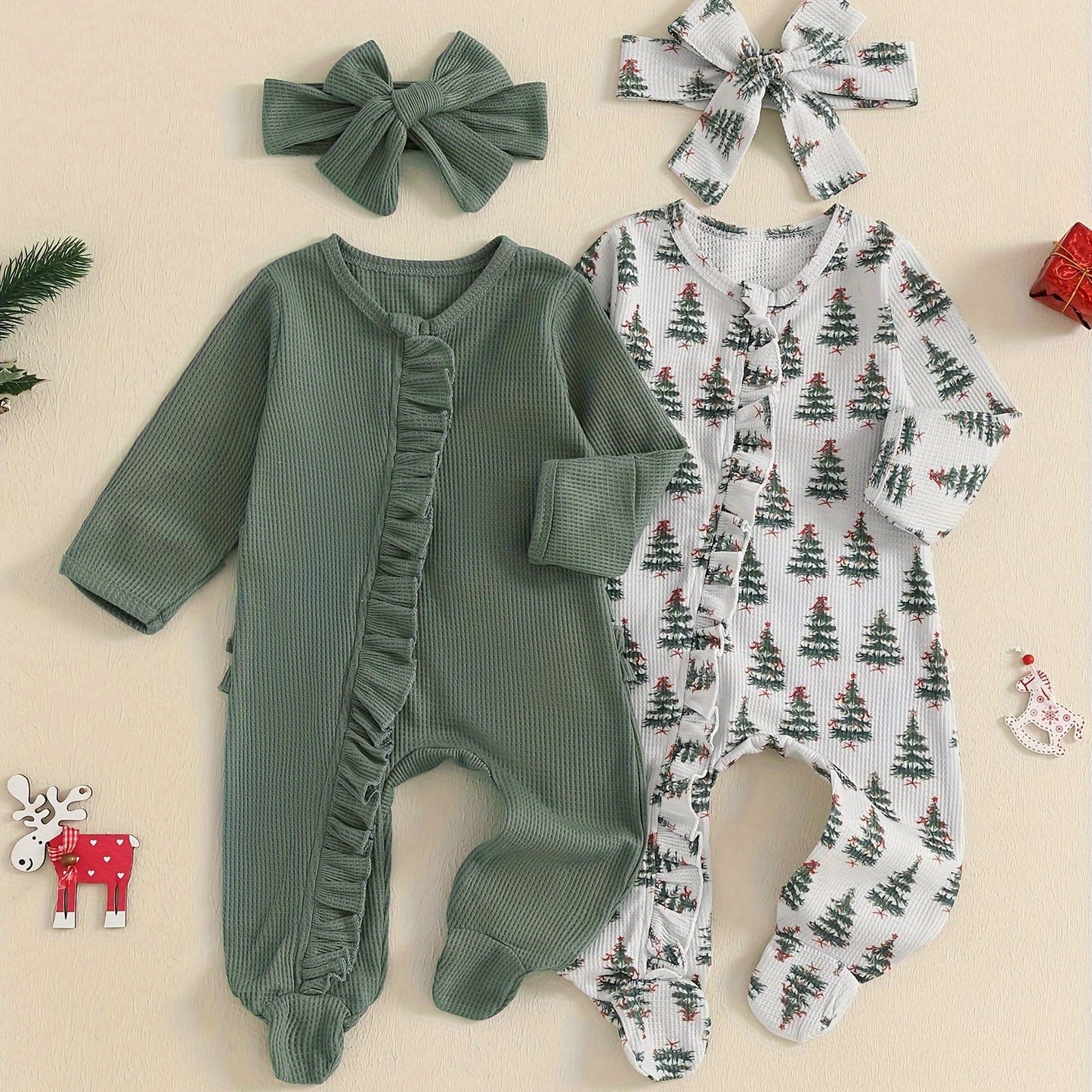 Baby Girls Frill Jumpsuit Set With Headband Long Sleeve