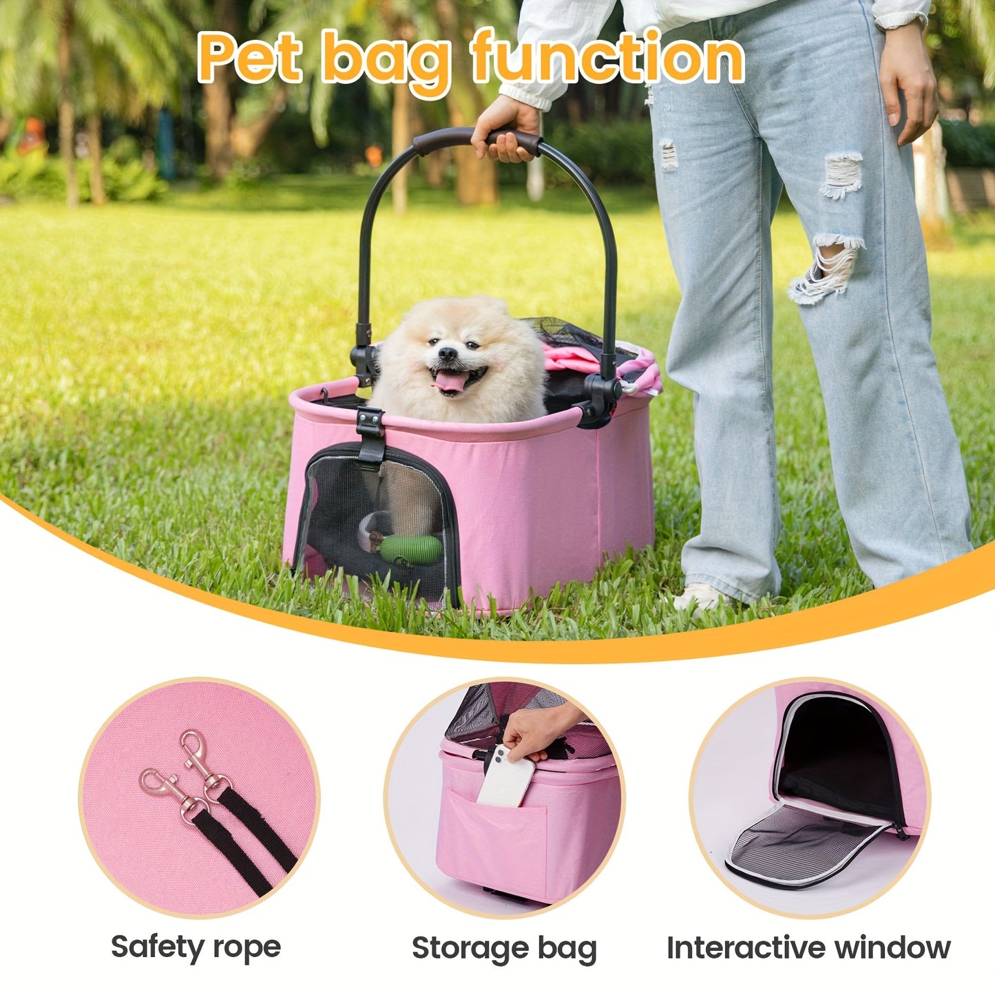 Pet Stroller For Small To Medium Dogs Durable Cat Stroller With Lightweight Aluminum Frame, One-Click Folding, No Zip Entry, PU Wheels, Multiple Pockets
