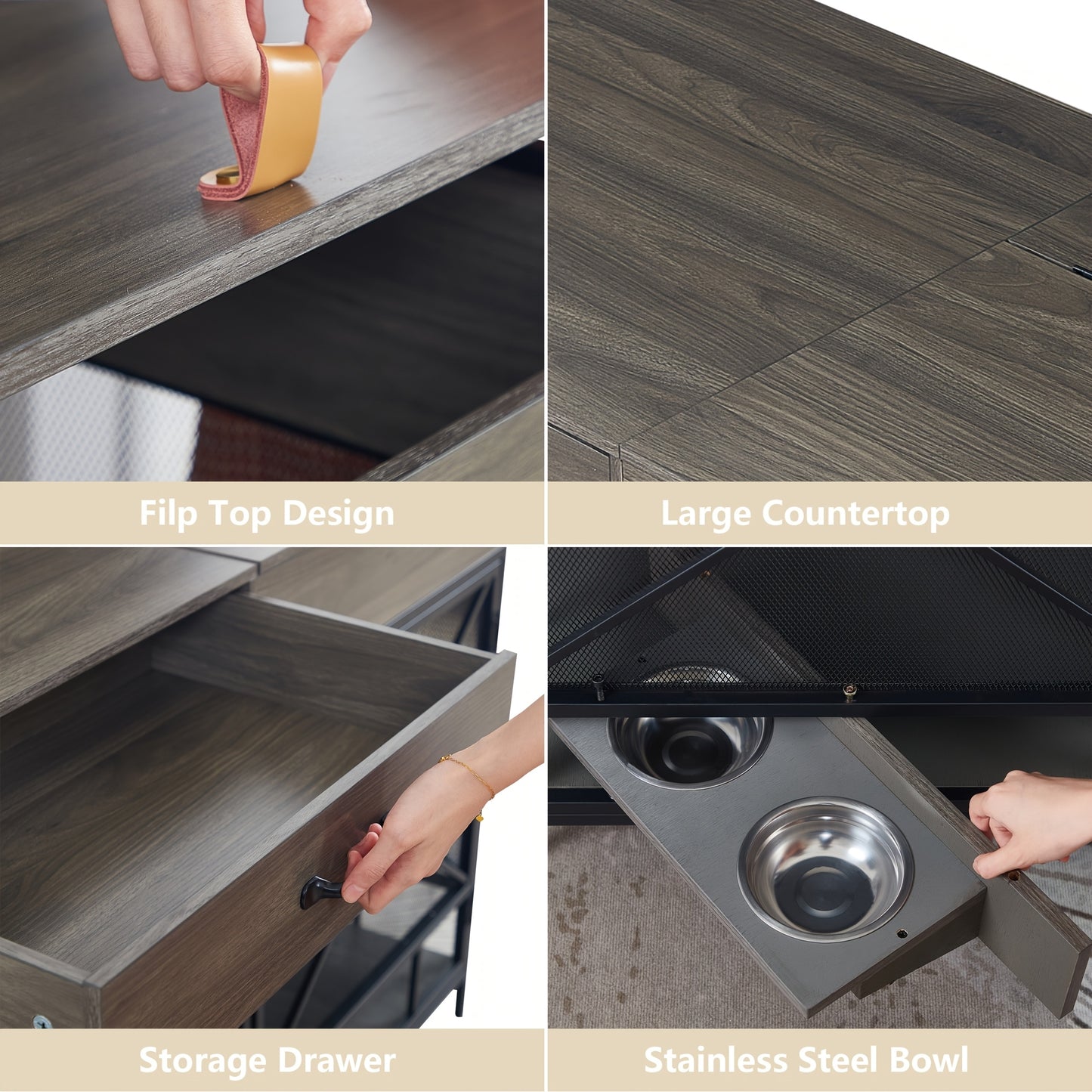 Large Dog Crate Furniture 47 Inch Wooden Kennel Indoor End Table with Drawer and Bowls