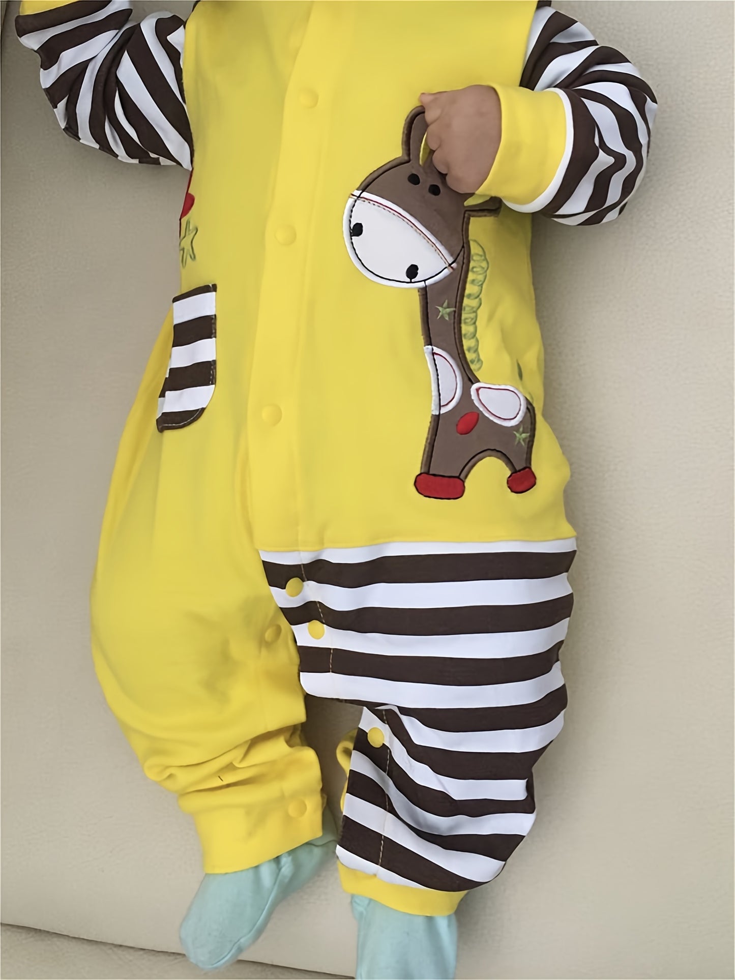 KuKitty Baby Boy Romper Infant Long Sleeve Giraffe Pattern Striped Jumpsuit, for Outdoor