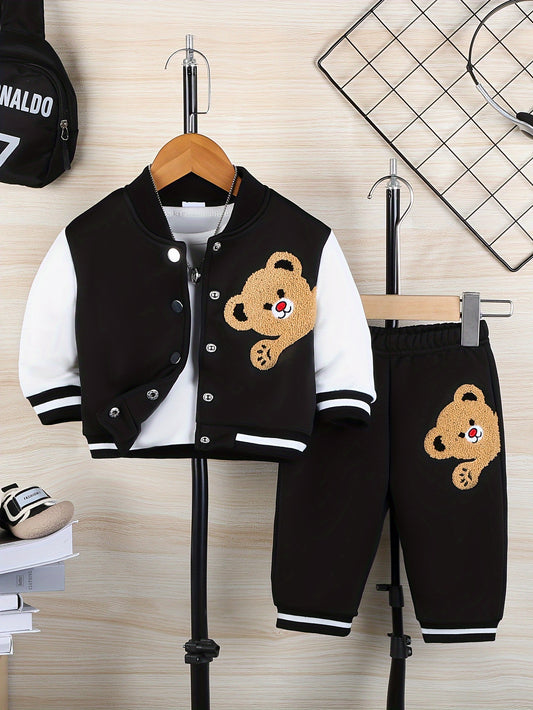 Cute Bear Hoodie and Trousers Set for Baby Boys Autumn Winter Outdoor Wear