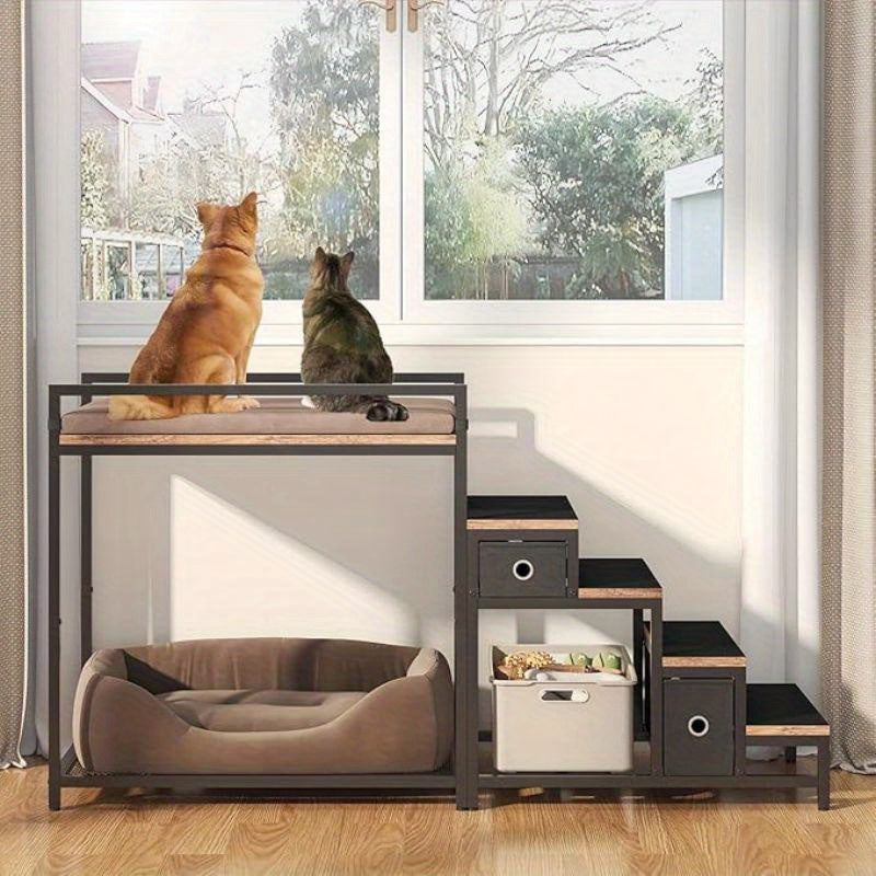 Multi-Level Pet Bunk Bed with Stairs and Storage for Dogs and Cats Elevated Lounge