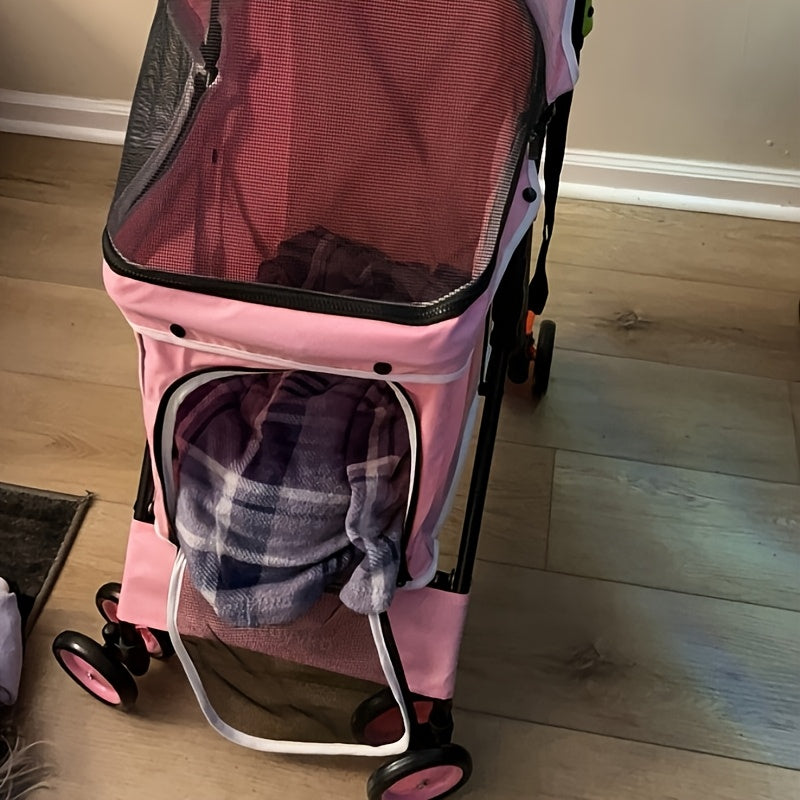 Easy-Fold Pink Pet Stroller for Small Dogs & Cats - 33 LBS Capacity, Breathable Mesh Panels, Safety Leashes, Cup Holder & Storage Basket, Smooth 4-Wheel Design with Secure Canopy, Dog Stroller