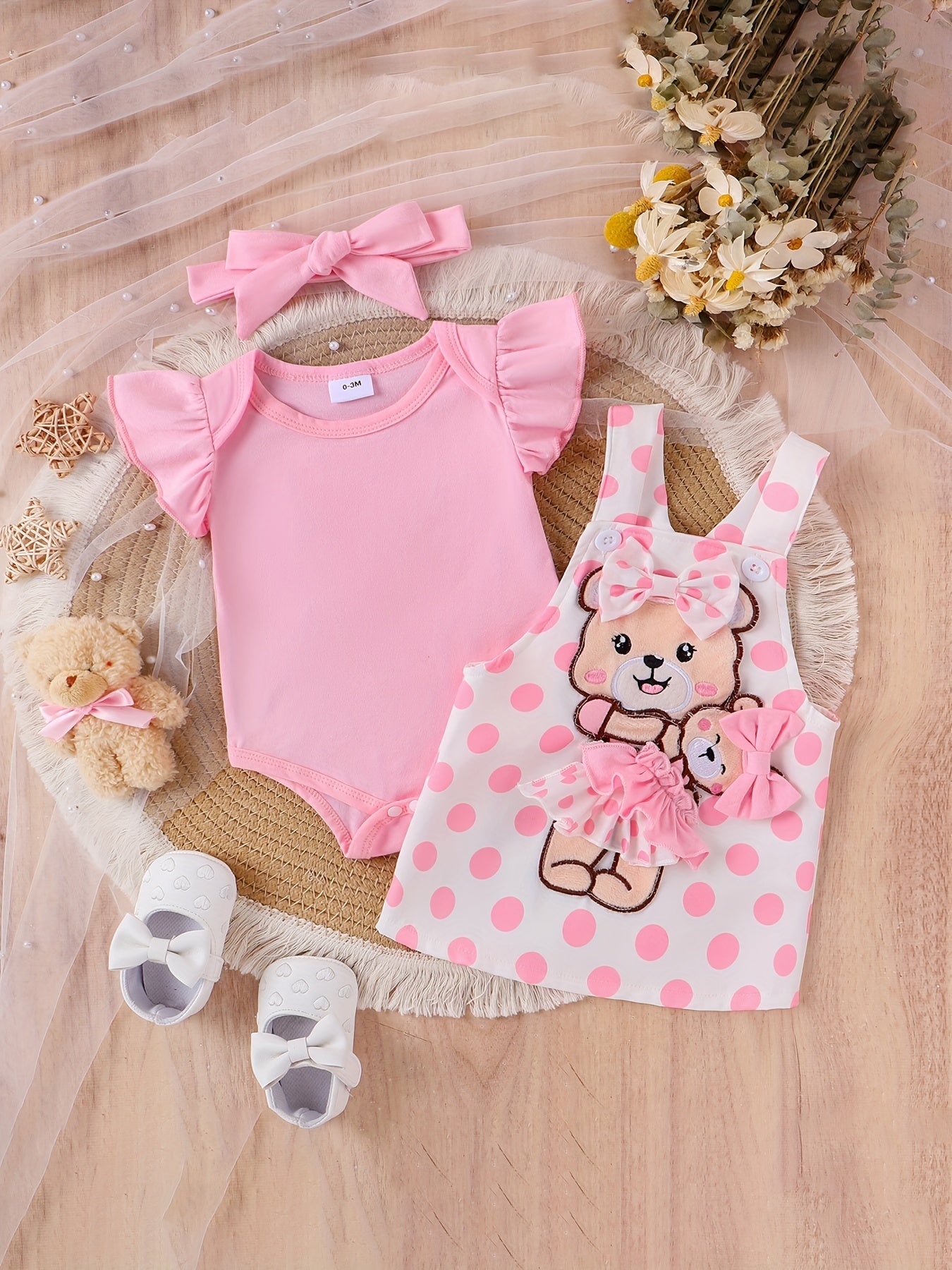 Baby Girl Summer Lace Outfit with Teddy Bear Strap Skirt and Headband 0-18 Months