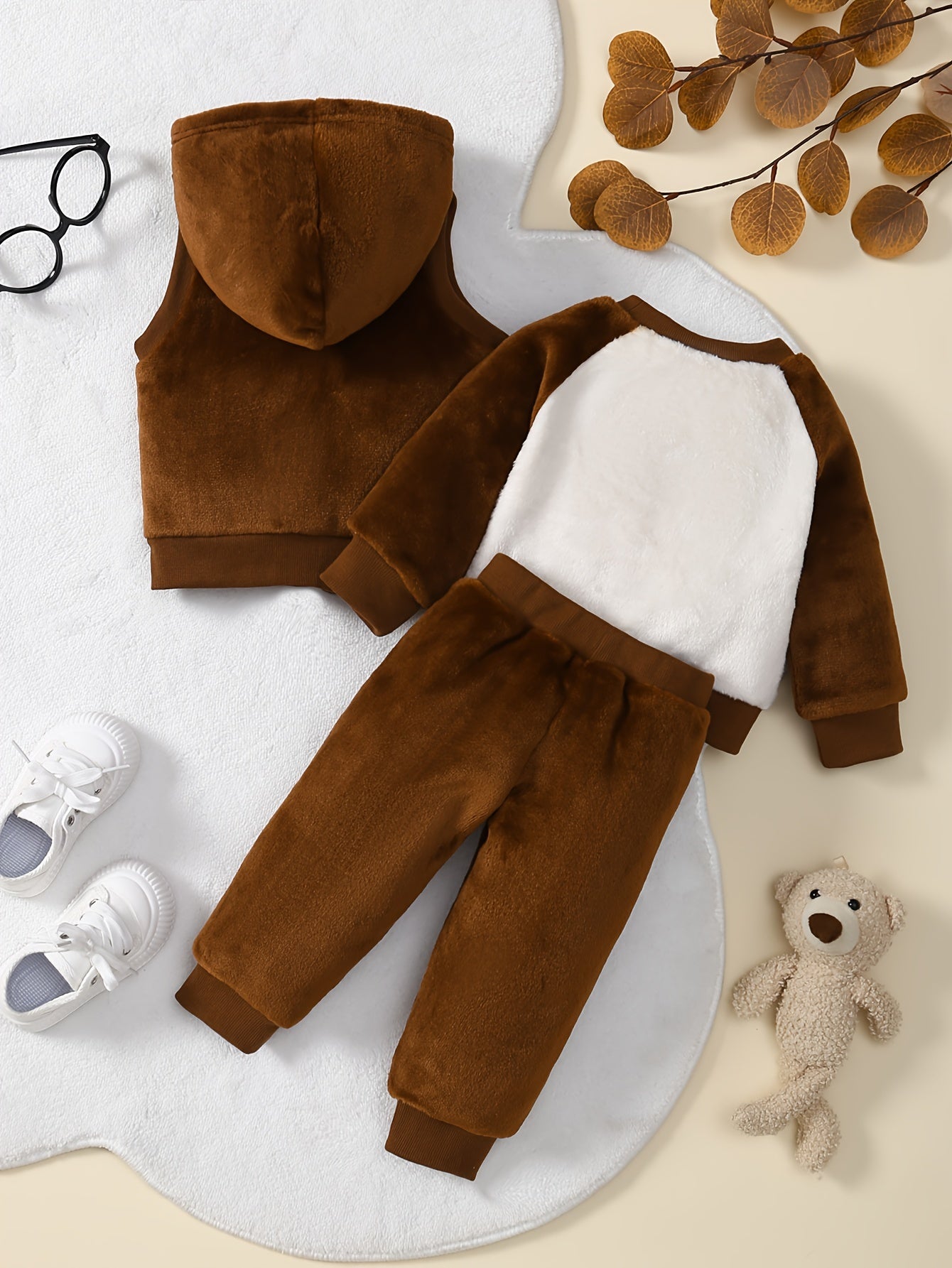 3 Piece Baby Boy Winter Outfit Set With Teddy Bear Embroidery Hooded Zipper Jacket And Flannel Pants