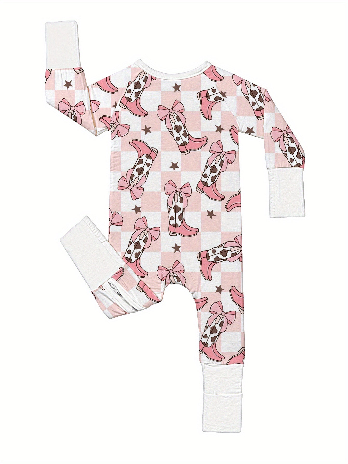 Soft Bamboo Fiber Baby Bodysuit with Pink Boots Western Style Print, Double-Sided Zipper, and Matching Pants - Casual, All-Season, Machine Washable - Adorable Green & White Design for Infants, Bamboo Baby Clothing, Perfect fo