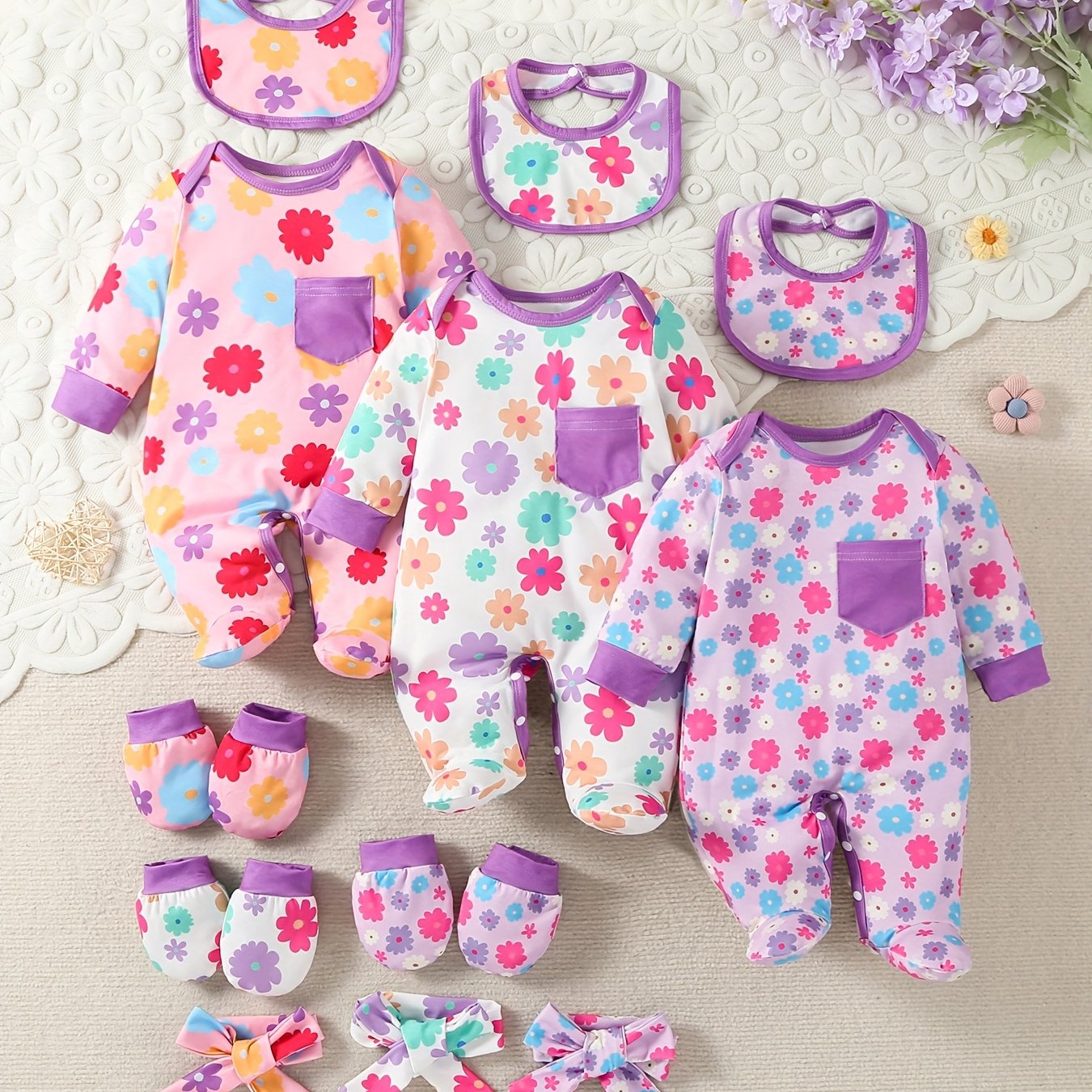 Newborn Baby Girl Floral Print Footed Romper Set With Bow