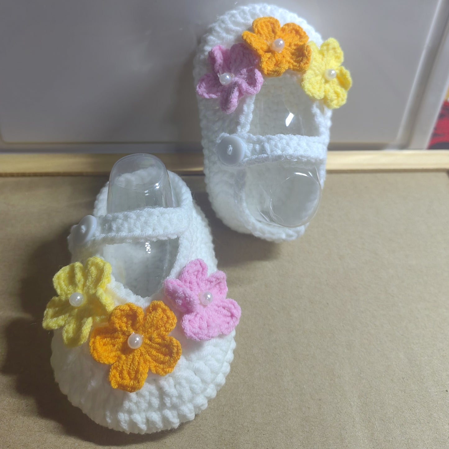 Handcrafted Crochet Baby Girl Shoes with Colorful Flower Accents - Soft Sole, Breathable Fabric, Casual Round Toe Design for Infants, Perfect for Spring/Autumn, Toddler Shoes