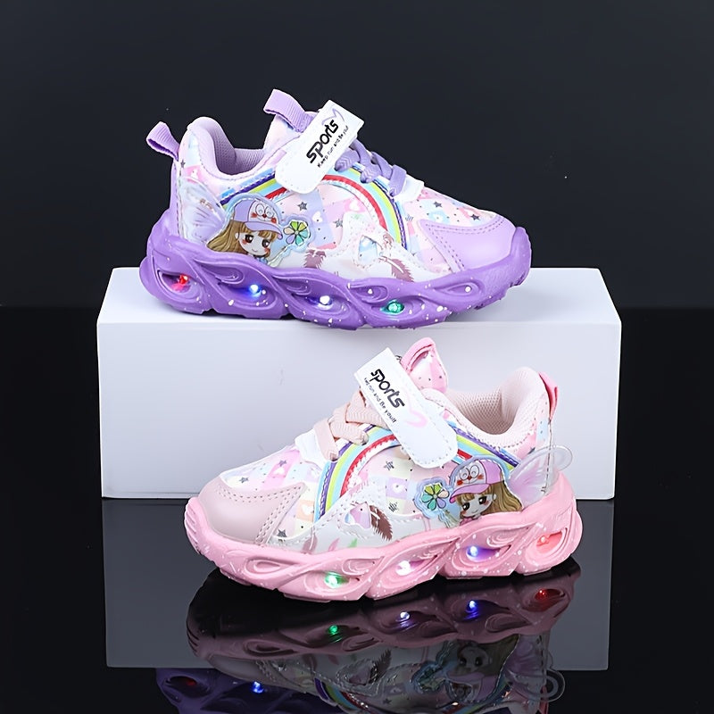 Girls Cute Cartoon Print LED Running Shoes for Toddlers and Youngsters Light Up Sports Shoes