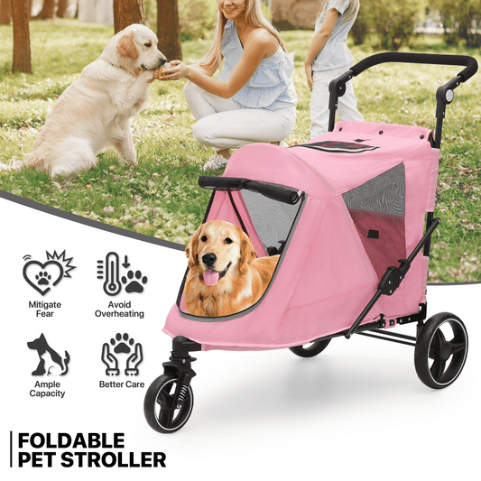 MoNiBloom Pet Stroller for Large Dogs or Multiple Dogs Cats with Adjustable Handle, 3-Wheels Dual Entry Portable Dog Carting Easy Folding Pet Wagon Double Dog Stroller