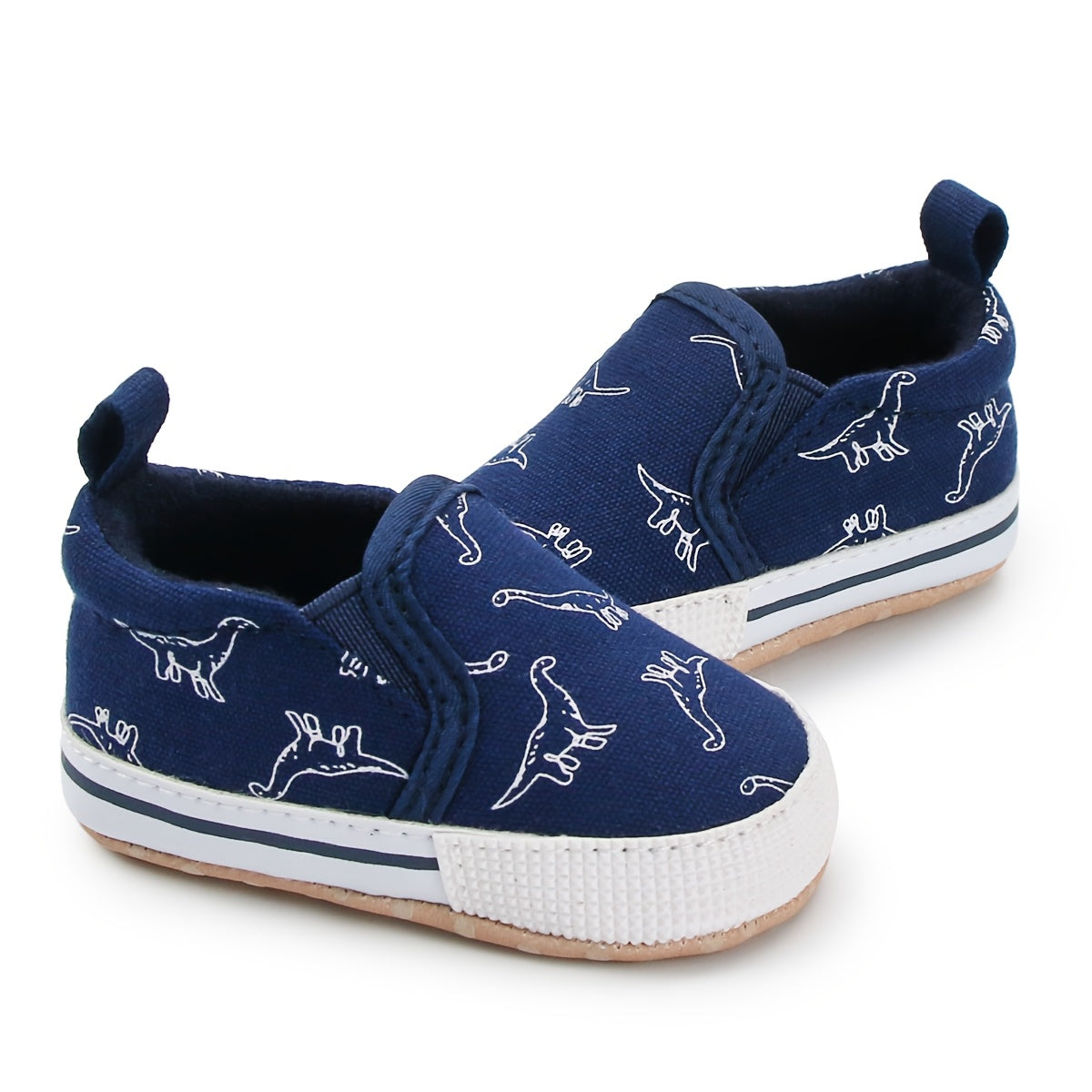 0-3 Months Slip-On Sneakers - Cute Cartoon Dinosaur Pattern Soft Fabric Low-Top Shoes for Indoor Crib Shoes, Spring & Autumn Daily Wear (Navy/White), Shoes