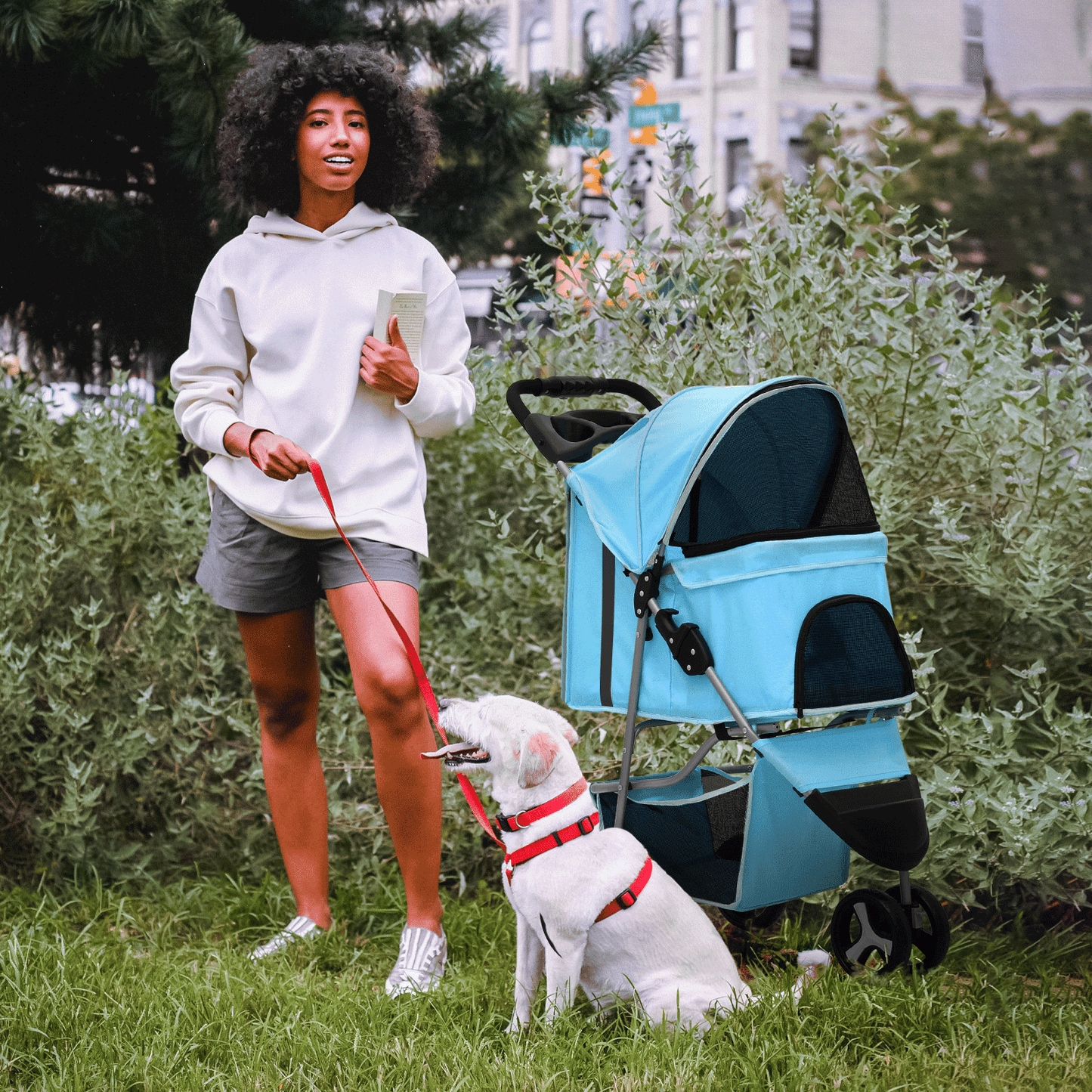 MoNiBloom Foldable Dog Strollers for Small Dogs with Weather Cover, 3 Wheels Pet Strolling Cart for Dogs and Cats with Storage Basket and Cup Holder, Breathable and Visible Mesh for All-Season