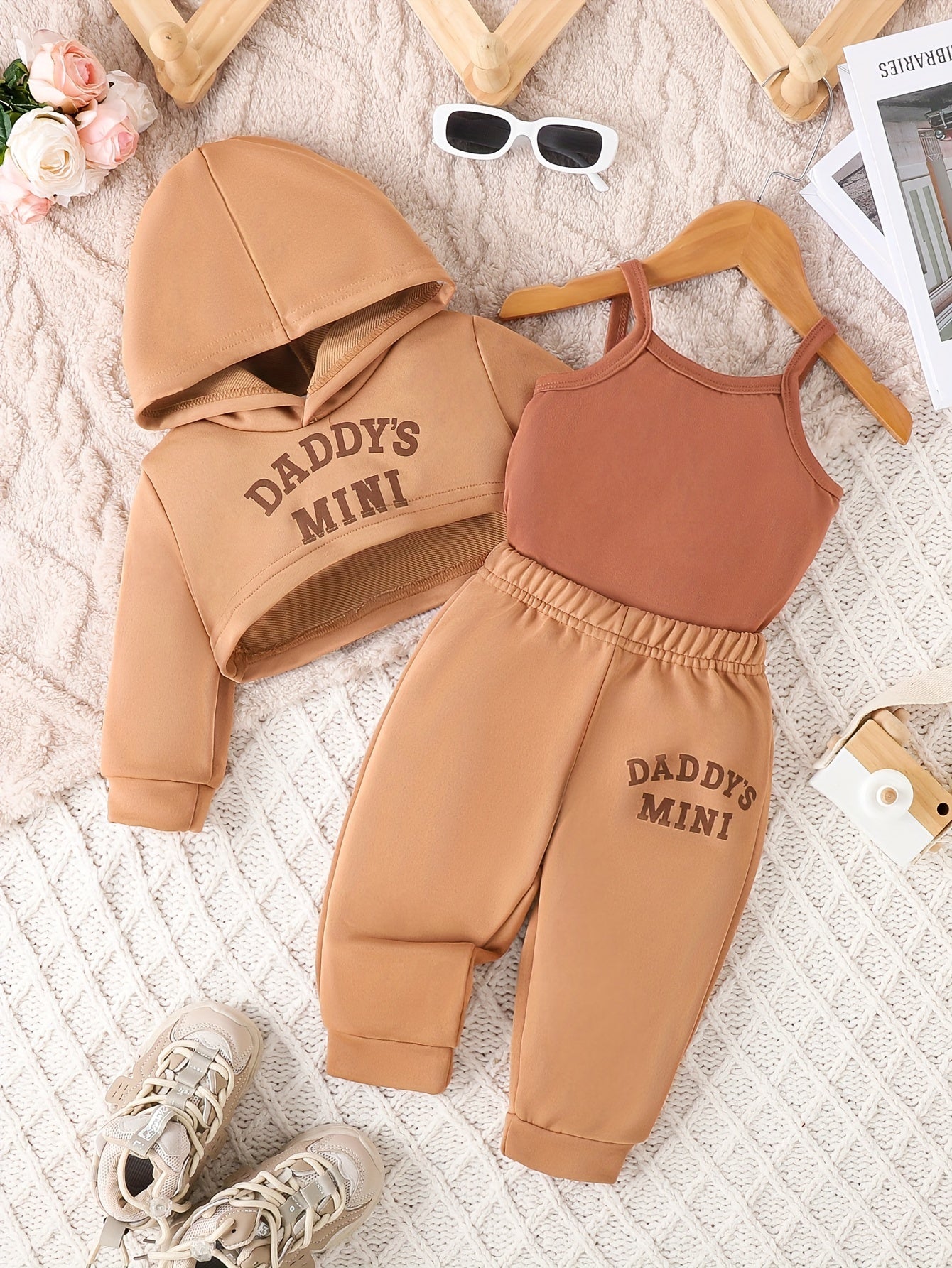 3PCS Baby Girl's Daddy's Mini Print Hoodie Cami Top Casual Pants Outdoor Set for Fall Winter