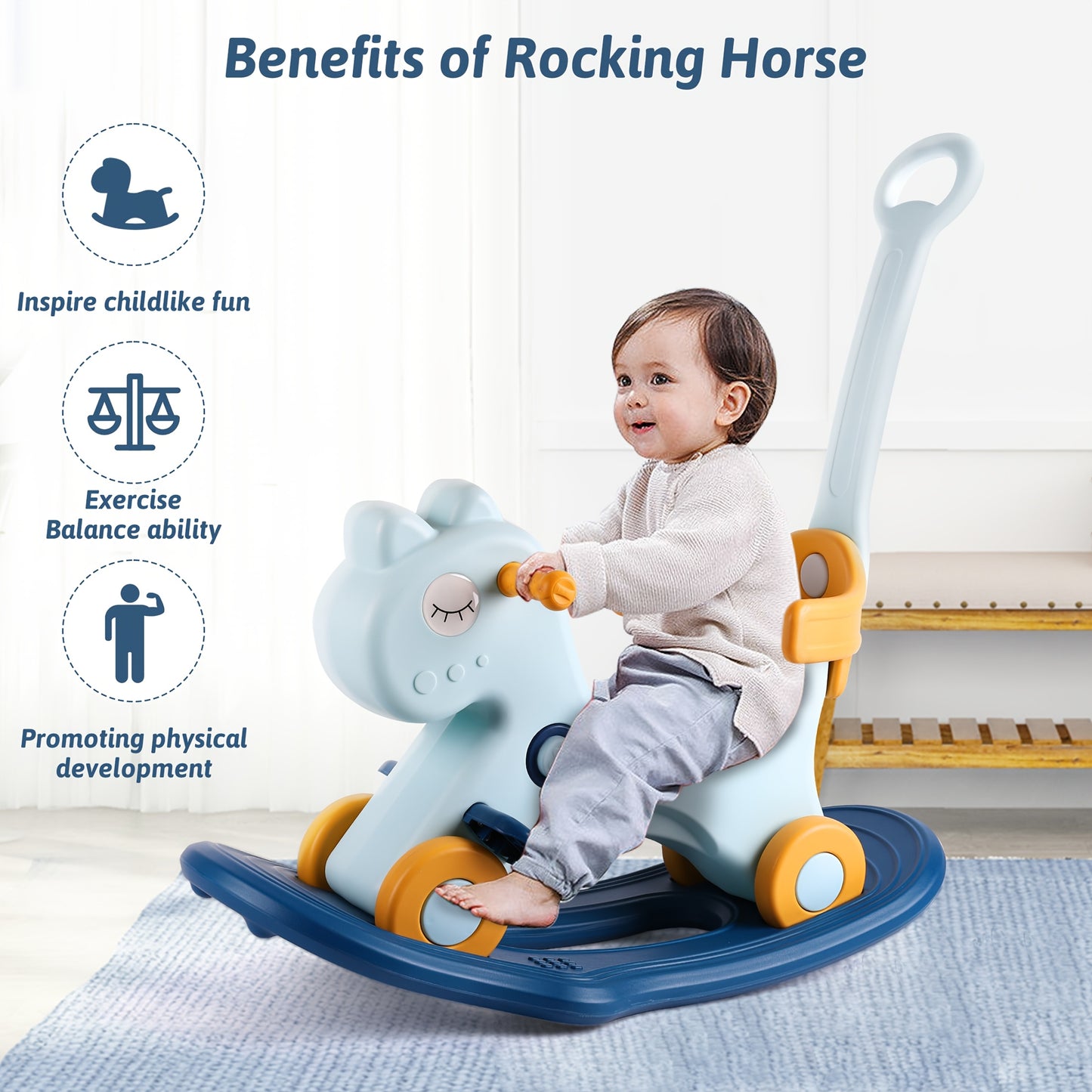 Blue 4-in-1 Rocking Horse with Safety Handle Fun Ride-On Toy for Kids Aged 1 to 3
