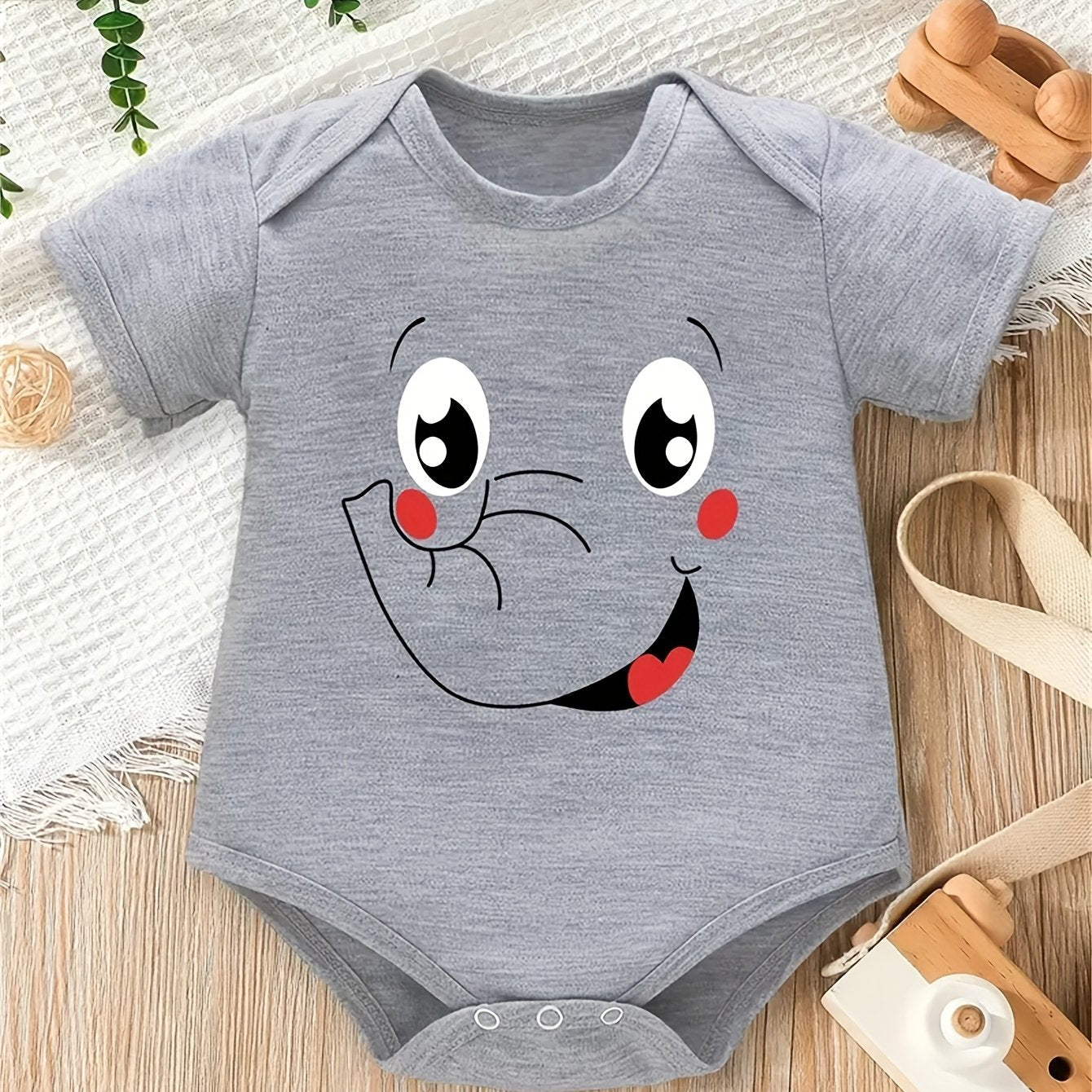 Adorable Elephant Cartoon Print Cotton Romper for Boys and Girls - Light Gray Onesie