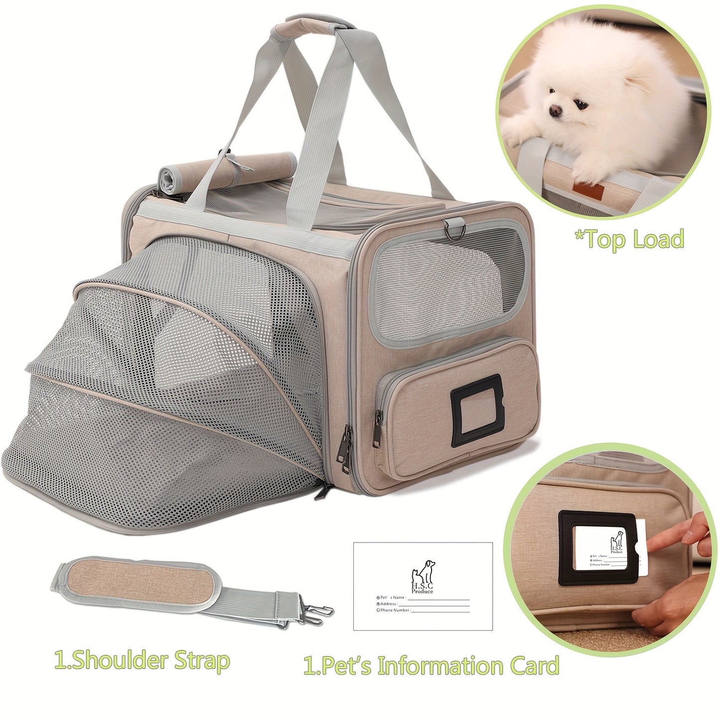 Airline Approved Expandable Soft Sided Pet Carrier for Cats Dogs and Bunnies in Khaki