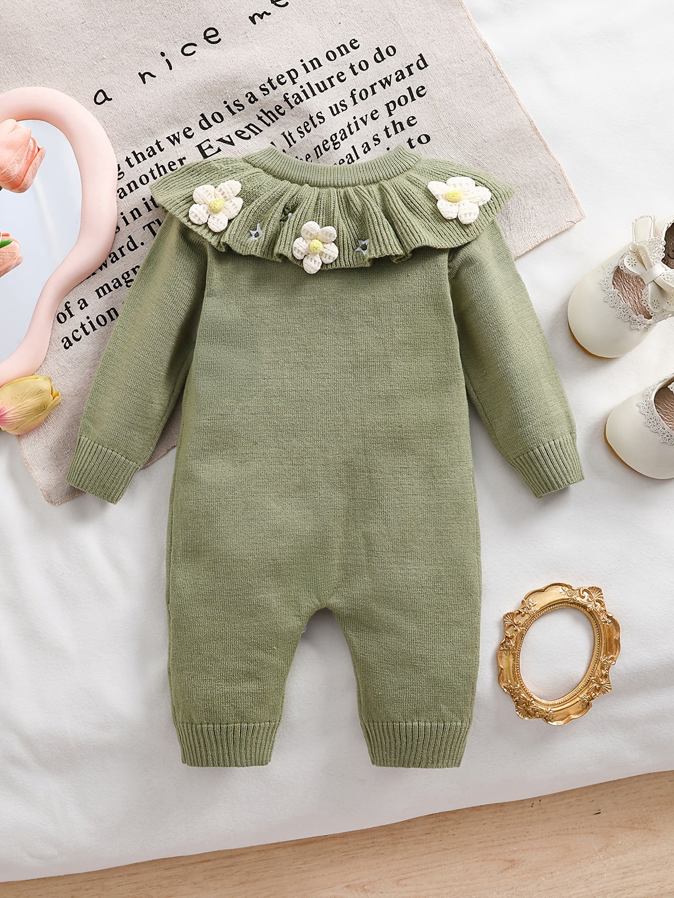 Baby Girls Knit Romper With Ruffled Collar Embroidery
