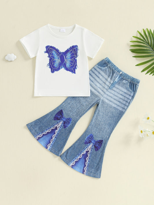 Little Toddler Girl Summer Outfit Butterfly Pattern Crew Neck Short Sleeve T-Shirt and Denim Bell Bottoms 2pcs Set, Perfect for Outdoor