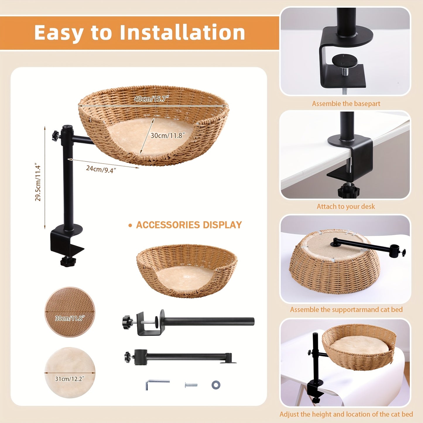 Adjustable Height 360 Degree Rotating Cat Desk Bed Hammock with Removable Shelf and Mats