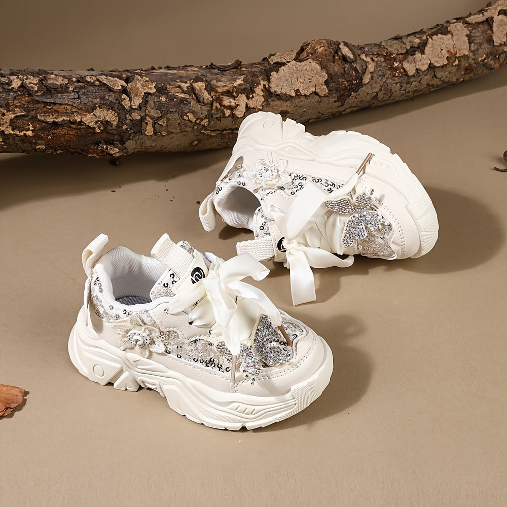 Sparkly Rhinestone Butterfly Bow Girls Sneakers Lightweight Cute Casual Shoes for Play