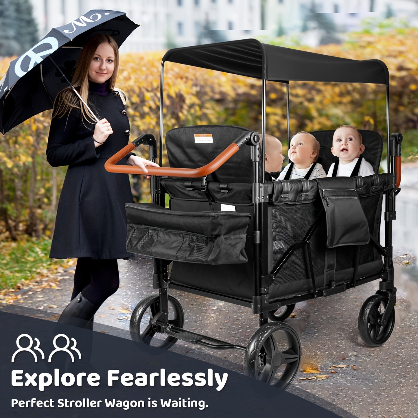 Luxury Foldable Stroller Wagon with Adjustable Canopy - Black/Gray, Durable Iron Frame, Polyester Fabric, 5-Point Harness, Dual Installation, Ideal for Outdoor Adventures, Supports Up to 55 lbs, Wagon Stroller, SERLD