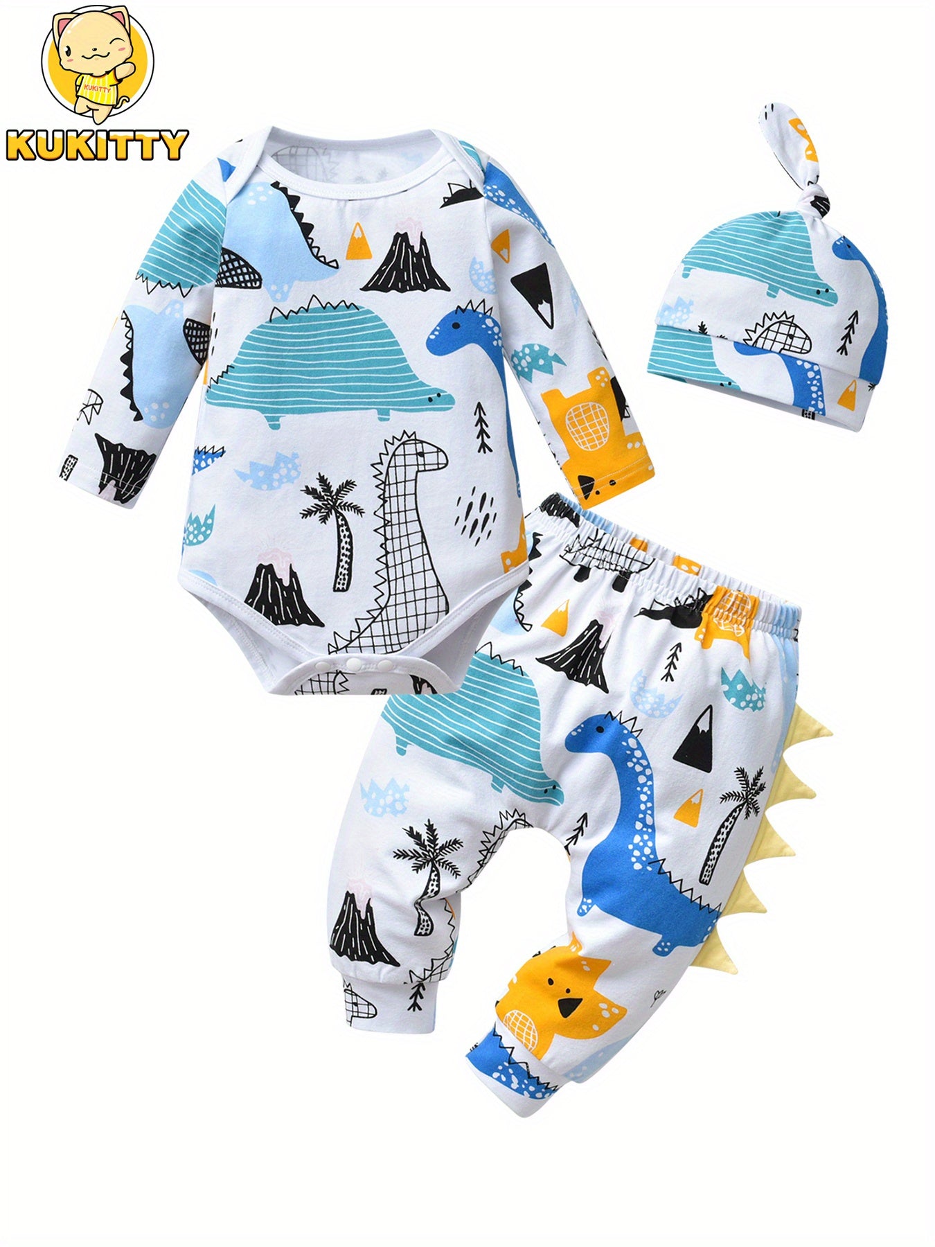 KuKitty Newborn Baby Boy 3pc Cotton Long Sleeve Romper Top Pant Hat Dinosaur Outfit Set