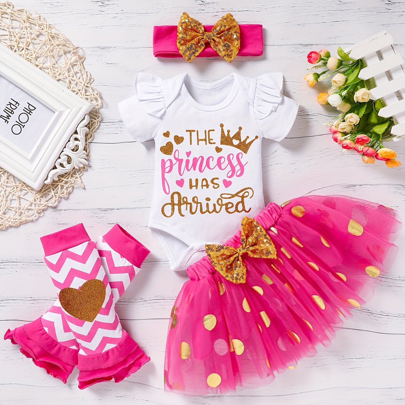 Zukuco Newborn Baby Girl Outfits Infant Letter Print Romper+Tutu Skirt+Headband+Legging Warmer Coming Home Clothes Set