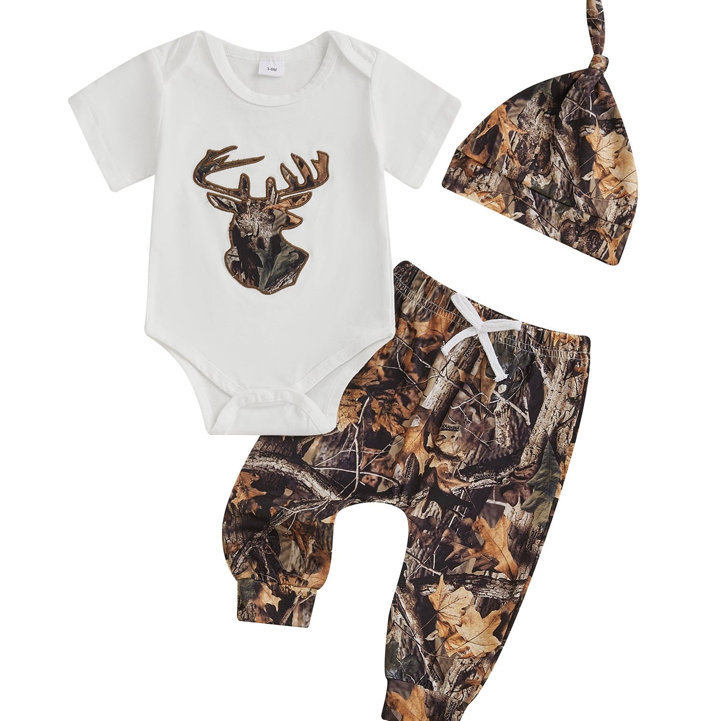 Baby Boys Summer Outfits Deer Antler Print Round Neck Short Sleeve Rompers Long Pants Hat 3pcs Clothes Set, for Outdoor