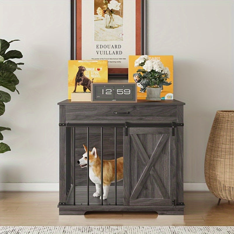Wooden Dog Crate Kennel End Table with Sliding Barn Door and Convenient Drawer