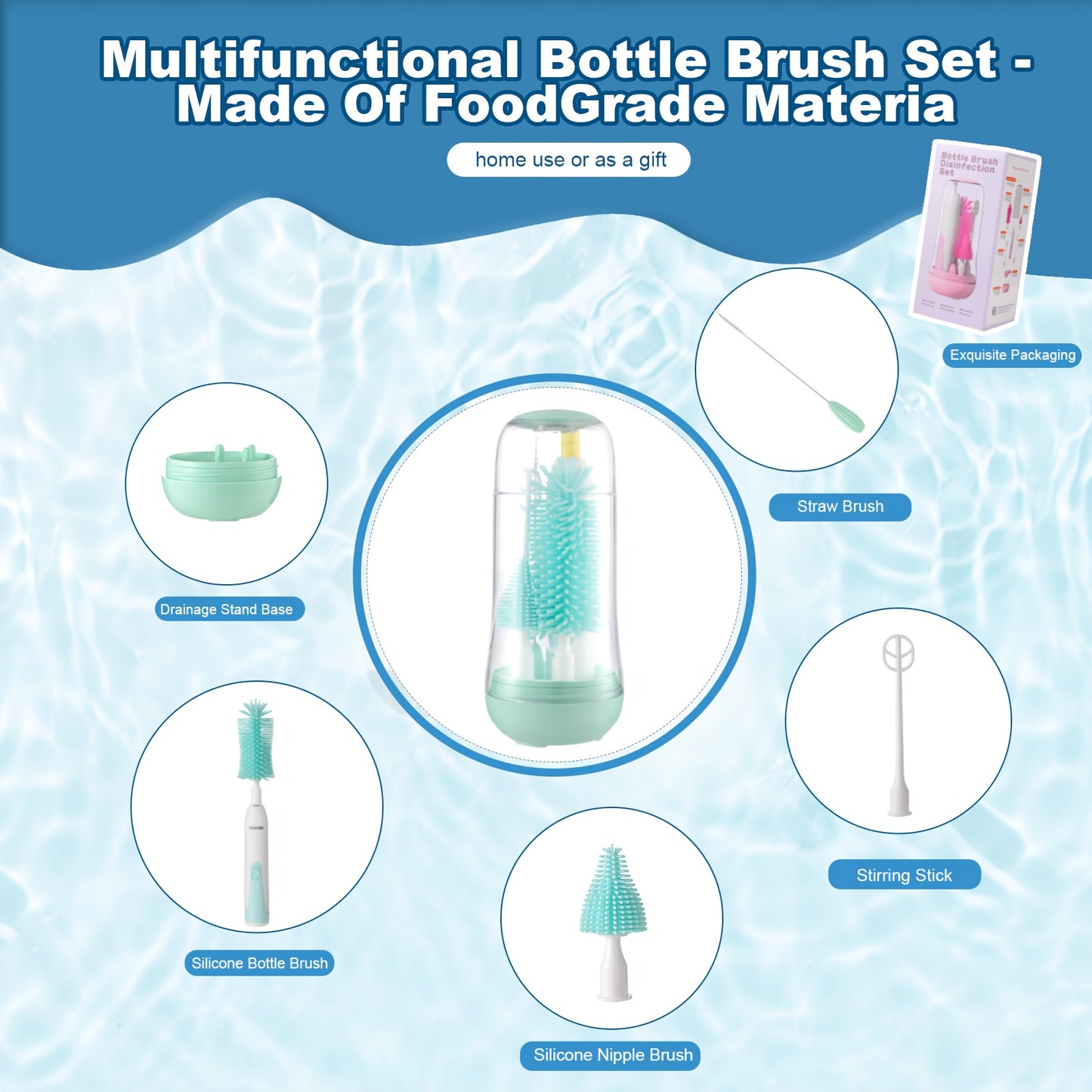 Portable Electric Baby Bottle Brush Set with Silicone Brushes and Travel Storage Box