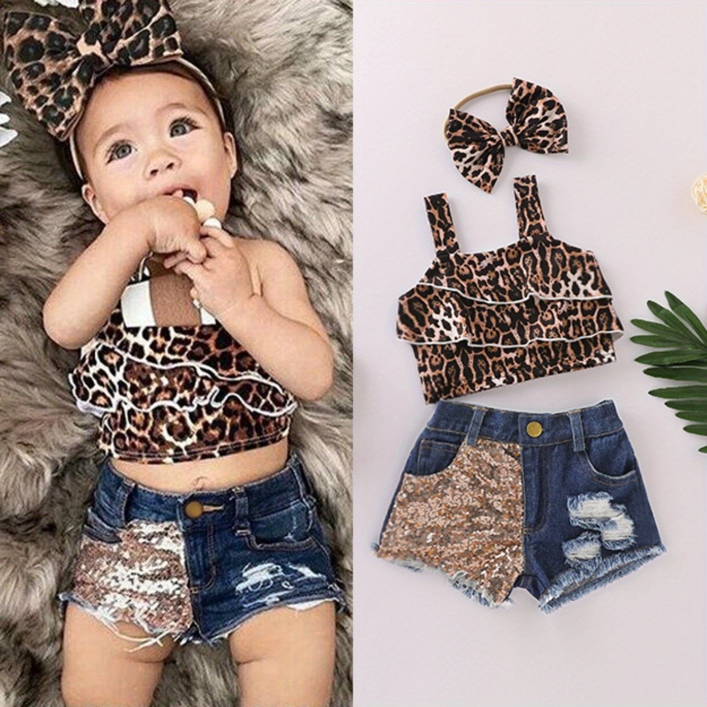 Baby Girls Summer Outfit Toddler Sleeveless Leopard Crop Top Denim Shorts and Bowknot Headband