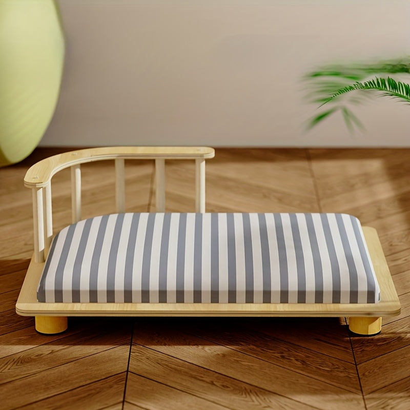Durable Solid Wood Cat Bed Elevated Pet Nest with Striped Fabric Mat for Year-Round Comfort