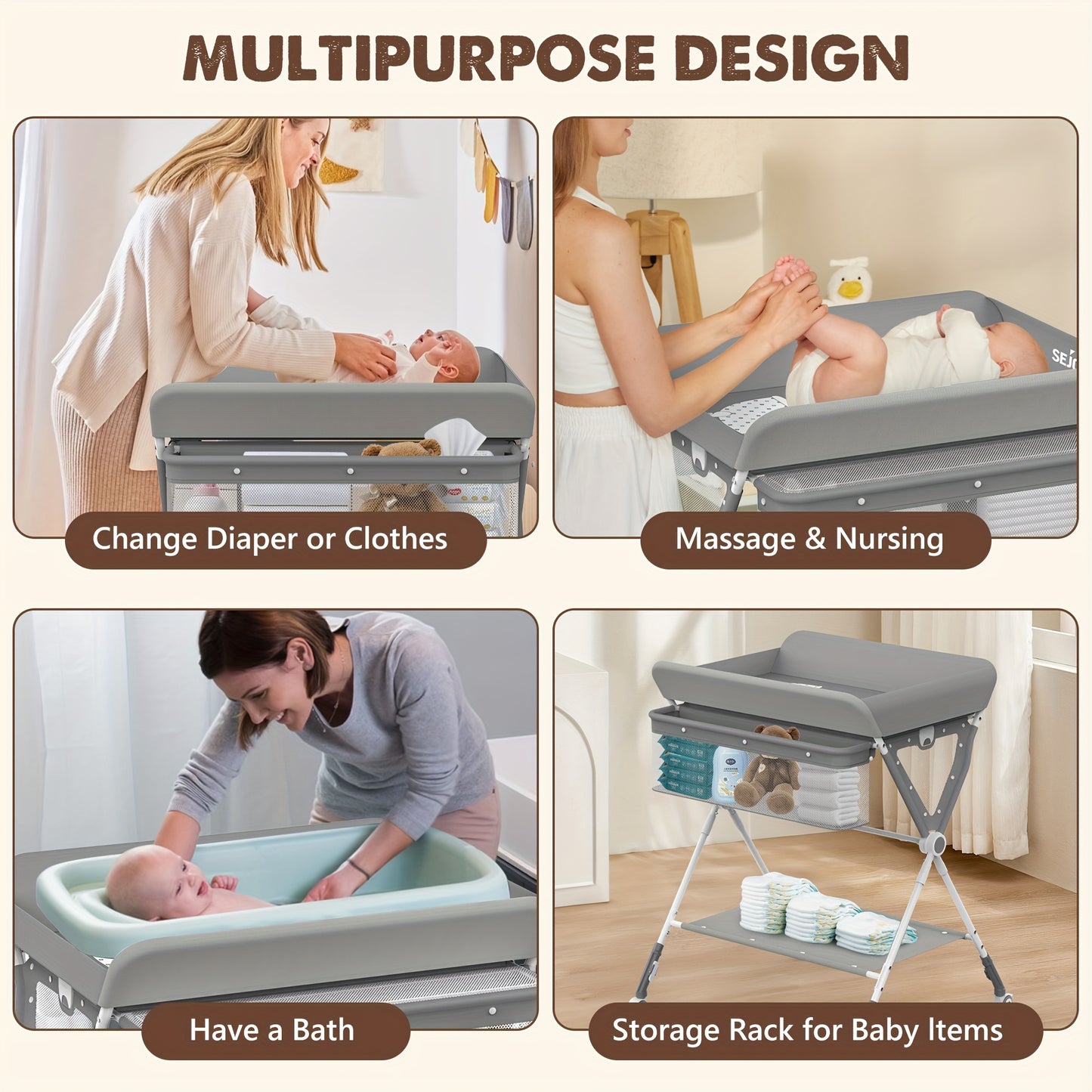 SEJOY Baby Changing Table with Wheels - Adjustable Height Folding Diaper Station, Portable Nursery Organizer & Storage Rack with Wicker Basket, Durable Metal Frame, Gray for Newborns & Infants