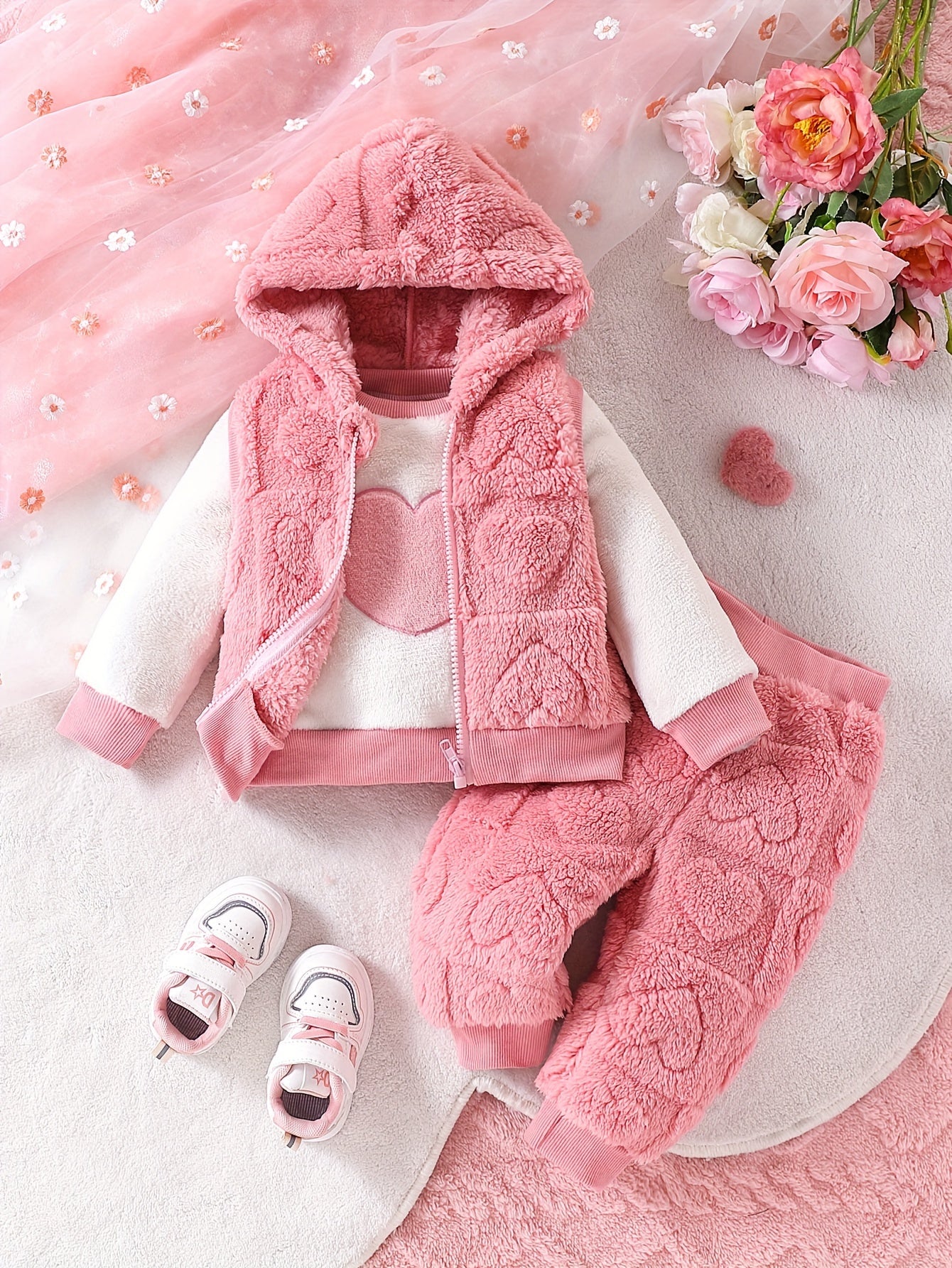 3pcs Girls And Babies Fashionable Plush Hooded Vest Top And Cuffed Trousers Set