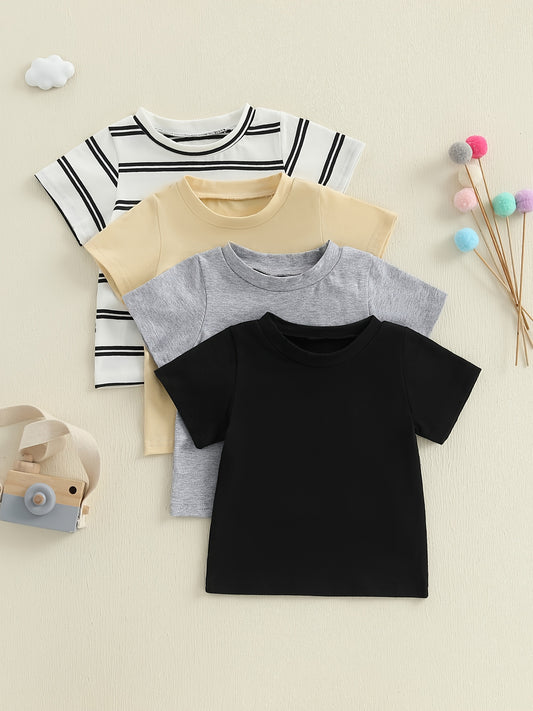 Toddler Baby Summer T-Shirt 4pcs Set Loose Fit Solid/Striped Crew Neck Short Sleeve Tops, Suitable for Outdoor Leisure