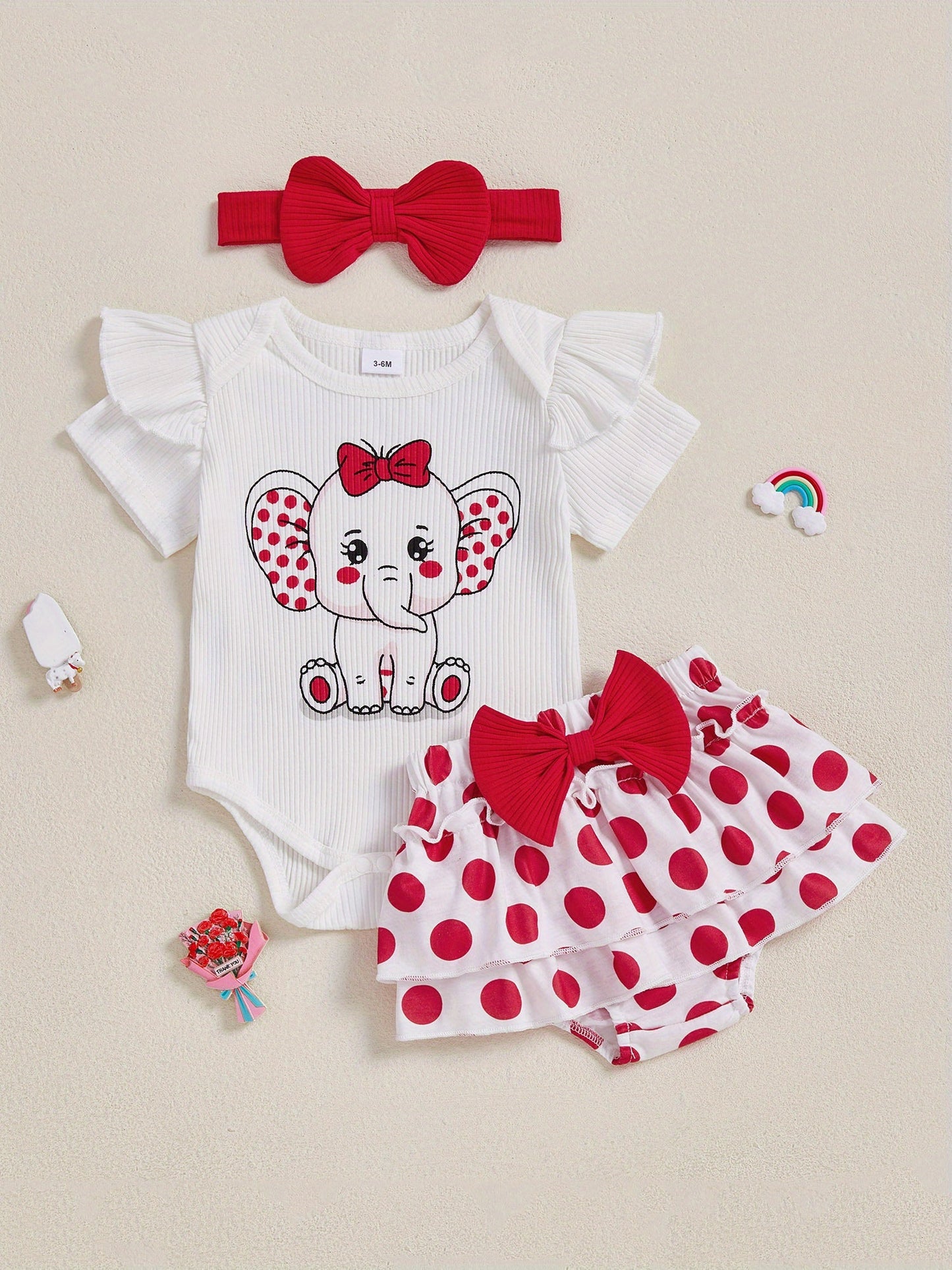 Baby Girls Summer Outfit Set Elephant Print Romper With Ruffle Shorts And Headband 3pc