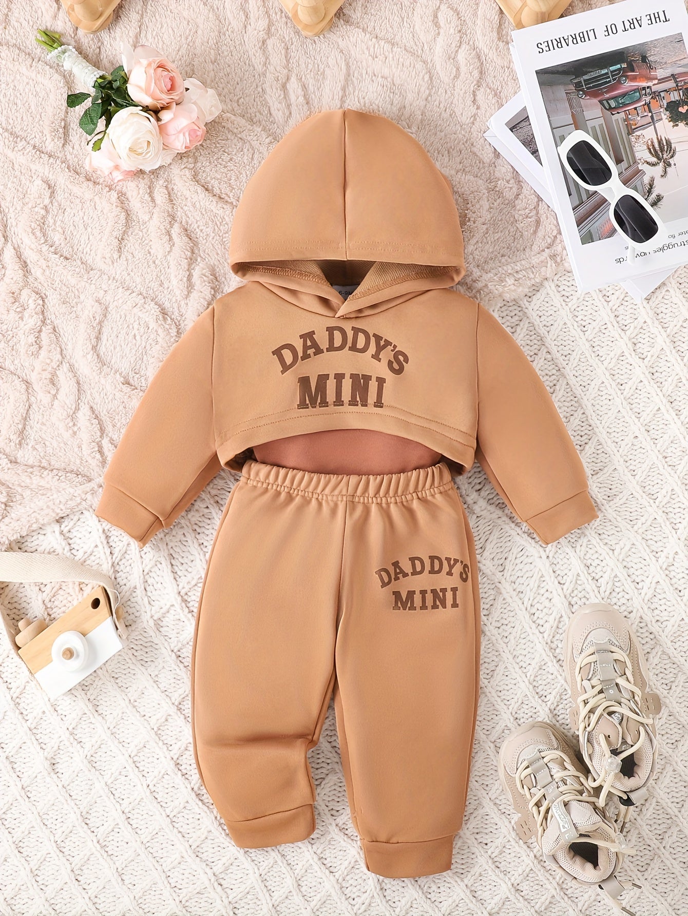 3PCS Baby Girl's Daddy's Mini Print Hoodie Cami Top Casual Pants Outdoor Set for Fall Winter