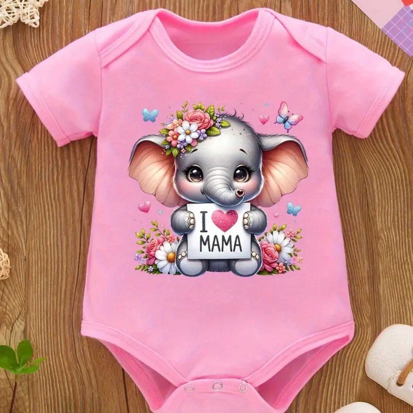 I Love Mom Cartoon Elephant Print Baby Rompers for Easy Diapering Outdoor Use
