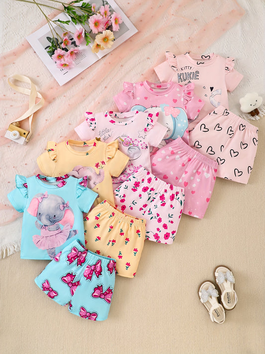 Ten-Piece Set of Girls' Casual Elephant Print Pattern Soft and Comfortable Needle Fabric Short Sleeve Shirt and Shorts Outfit, Perfect for Outdoor