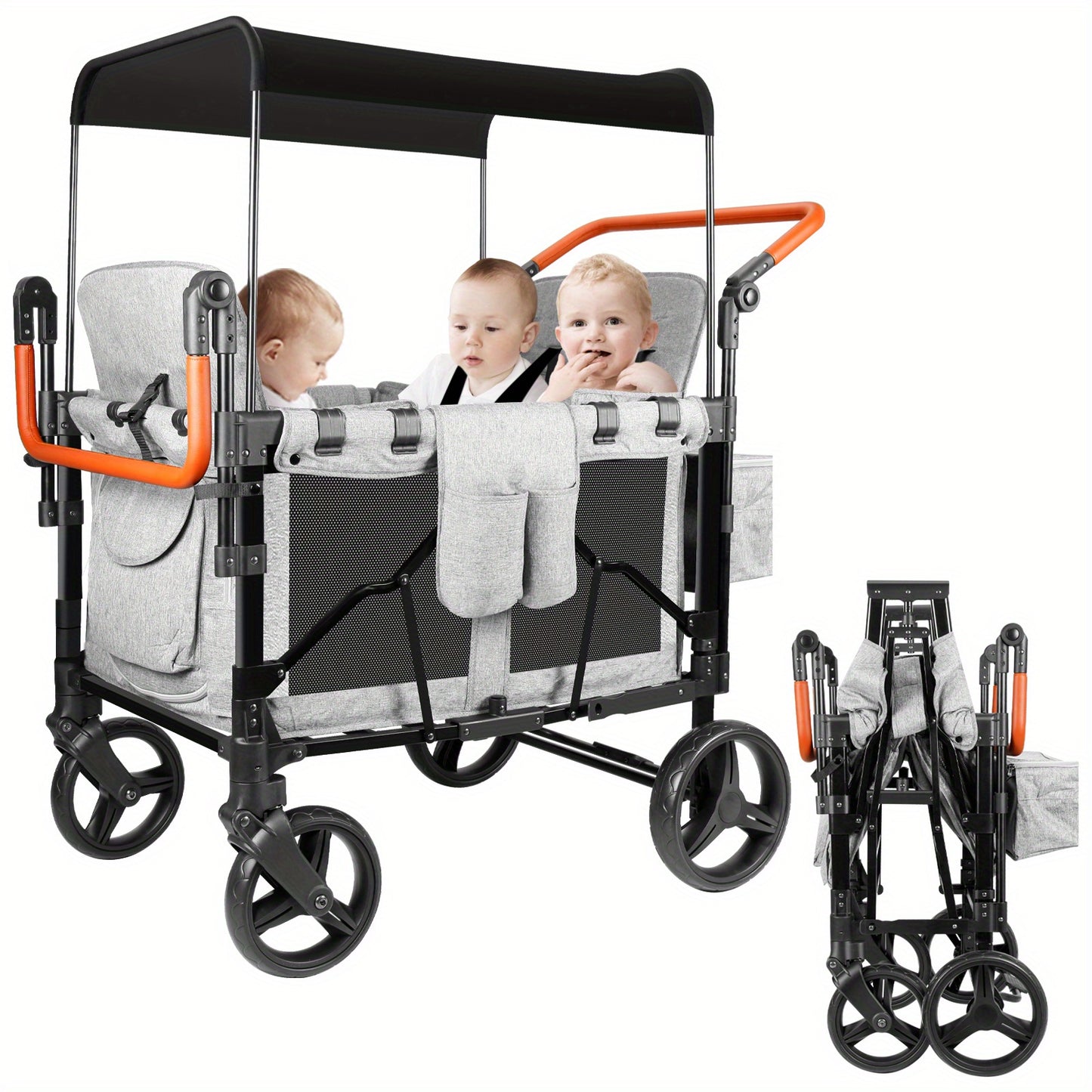 Luxury Foldable Stroller Wagon with Adjustable Canopy - Black/Gray, Durable Iron Frame, Polyester Fabric, 5-Point Harness, Dual Installation, Ideal for Outdoor Adventures, Supports Up to 55 lbs, Wagon Stroller, SERLD