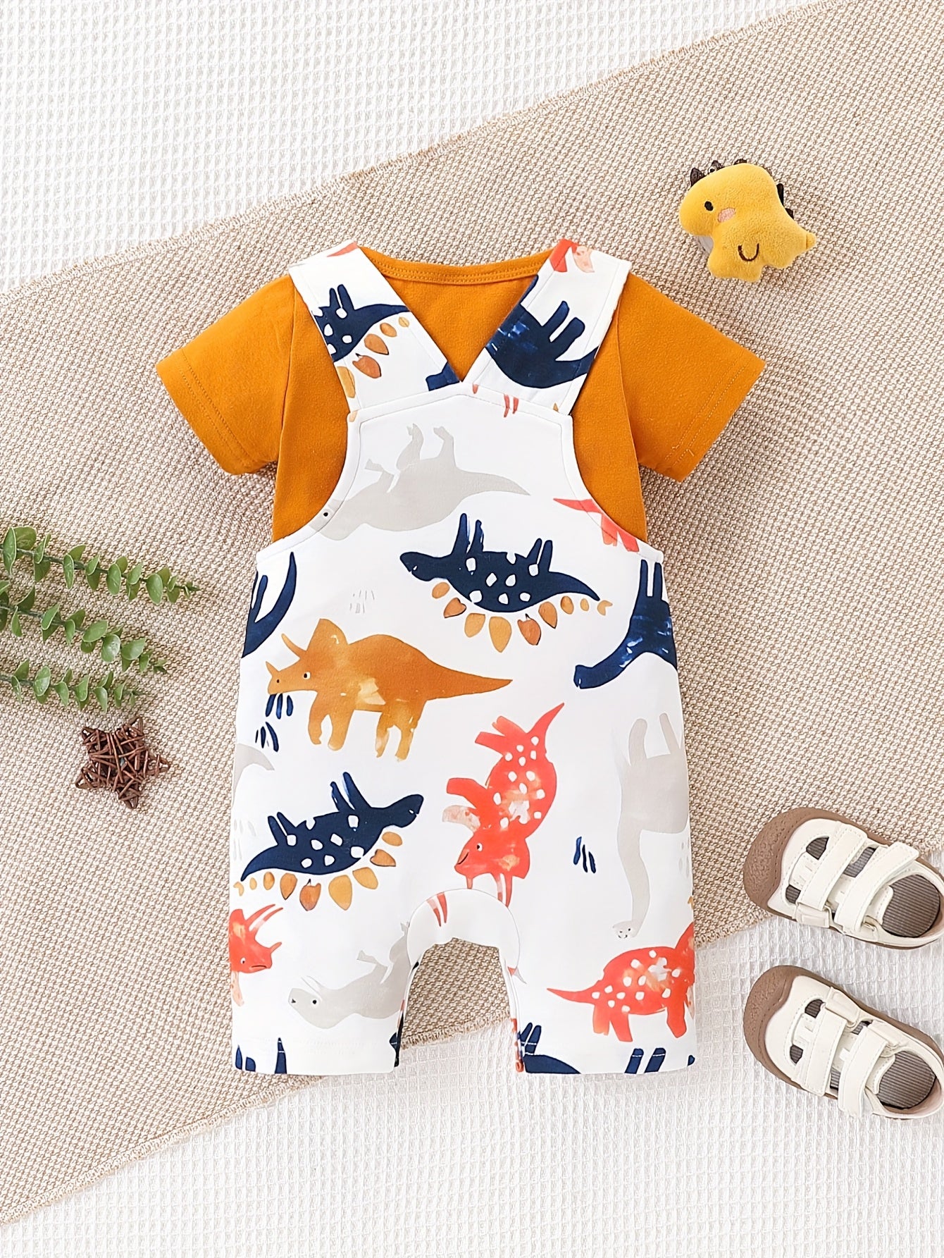 Newborn Baby Boy Clothes Toddler Boys' Short Sleeve T-Shirt+Dinosaur Print Overalls Jumpsuit Short Pants 2pcs Outfits Sets, Perfect for Outdoor