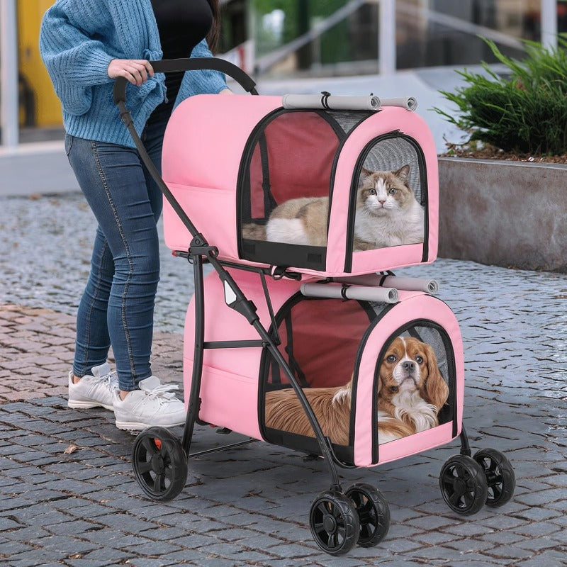Double Dog Stroller with Detachable Carrier Bags Large 4 Wheels Foldable Jogger for Small and Medium Dog Cats