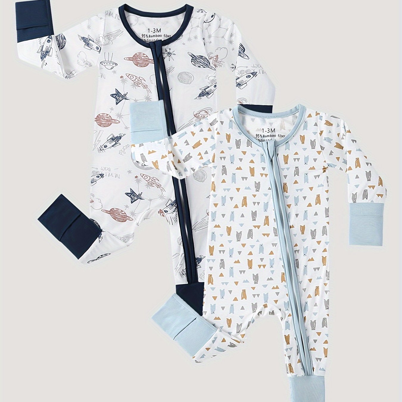 Bamboo Baby Bear Farm Print Romper Sleeper with Mitten Cuffs Feet Cuff Newborn Boy Girl And Play with Anti Grips Bottom Feet, for Outdoor