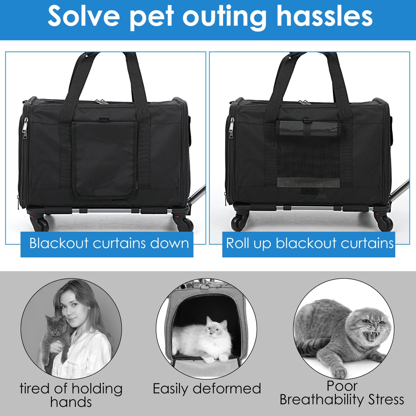 Heavy-Duty Pet Travel Bag with Rolling Wheels - Expandable Carrier, Scratch-Resistant & Foldable Design, Front Zipper Access, Side Pocket - Portable with Extended Handle for Airplane, Car, Vet Visits - Ideal for Cats & Small