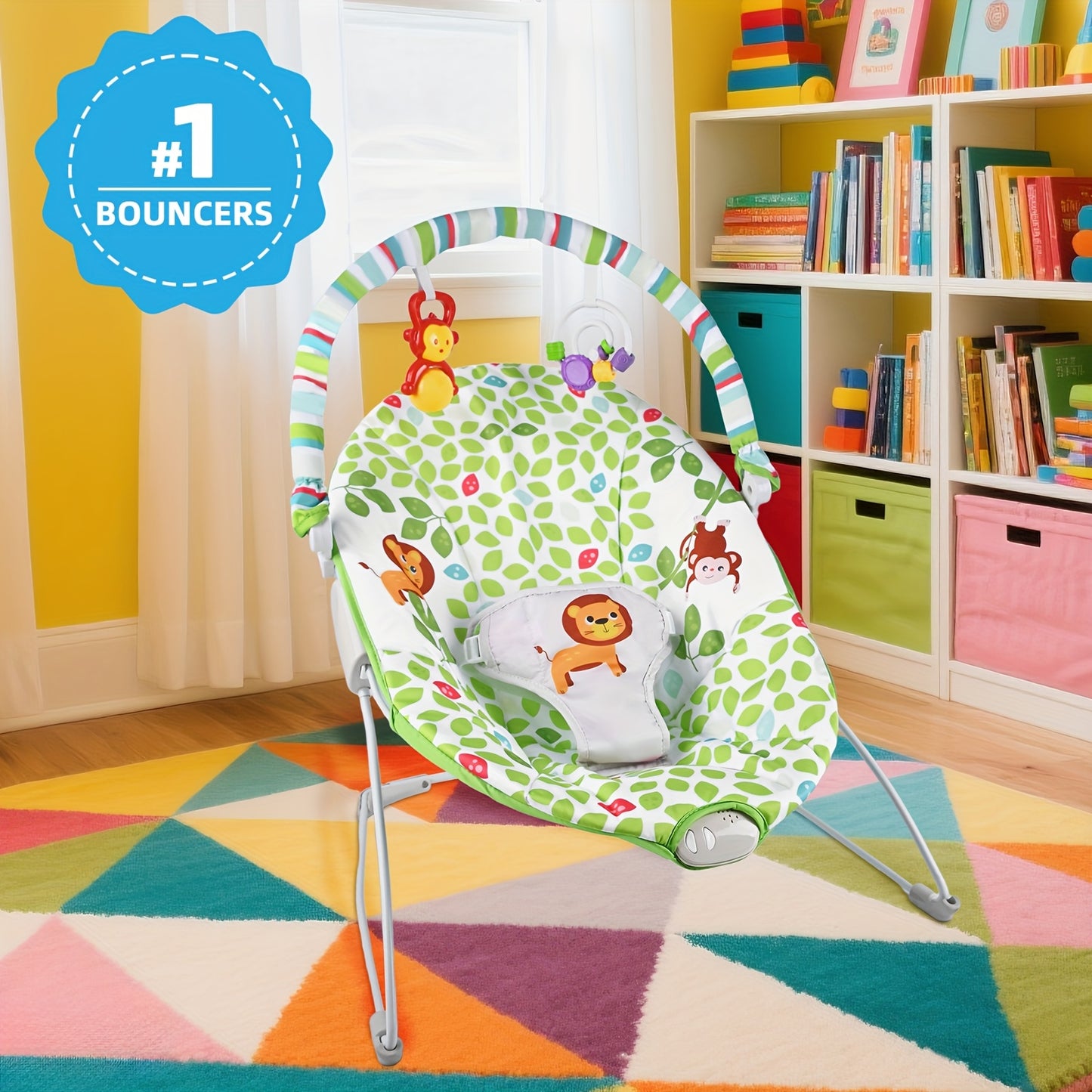 Baby Bouncer Seat with Soothing Vibration Toys & Animal & Geometric Patterns - Adjustable Straps, Breathable Mesh, Portable Design for Indoor/Outdoor Use - Unisex Infant Learning & Development, Indoor Play Seat, Playful Desig