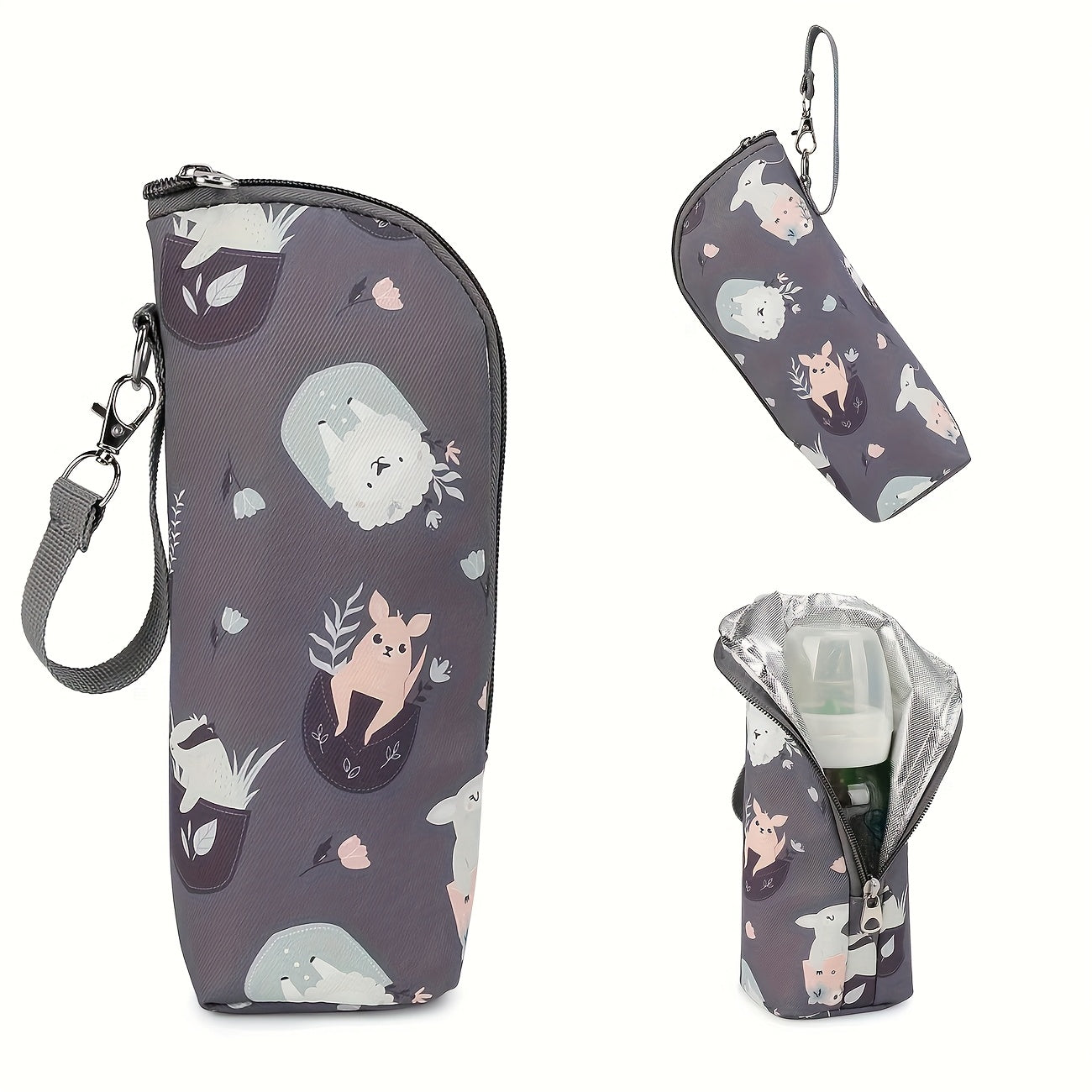 Cute Animal Print Insulated Bottle Bag - Portable, Durable Polyester Mommy Diaper Bag With Zipper Closure, Ideal For Travel And Daily Use, Travel Diaper Bag | Playful Design | Zippered Bag, Diaper Bag