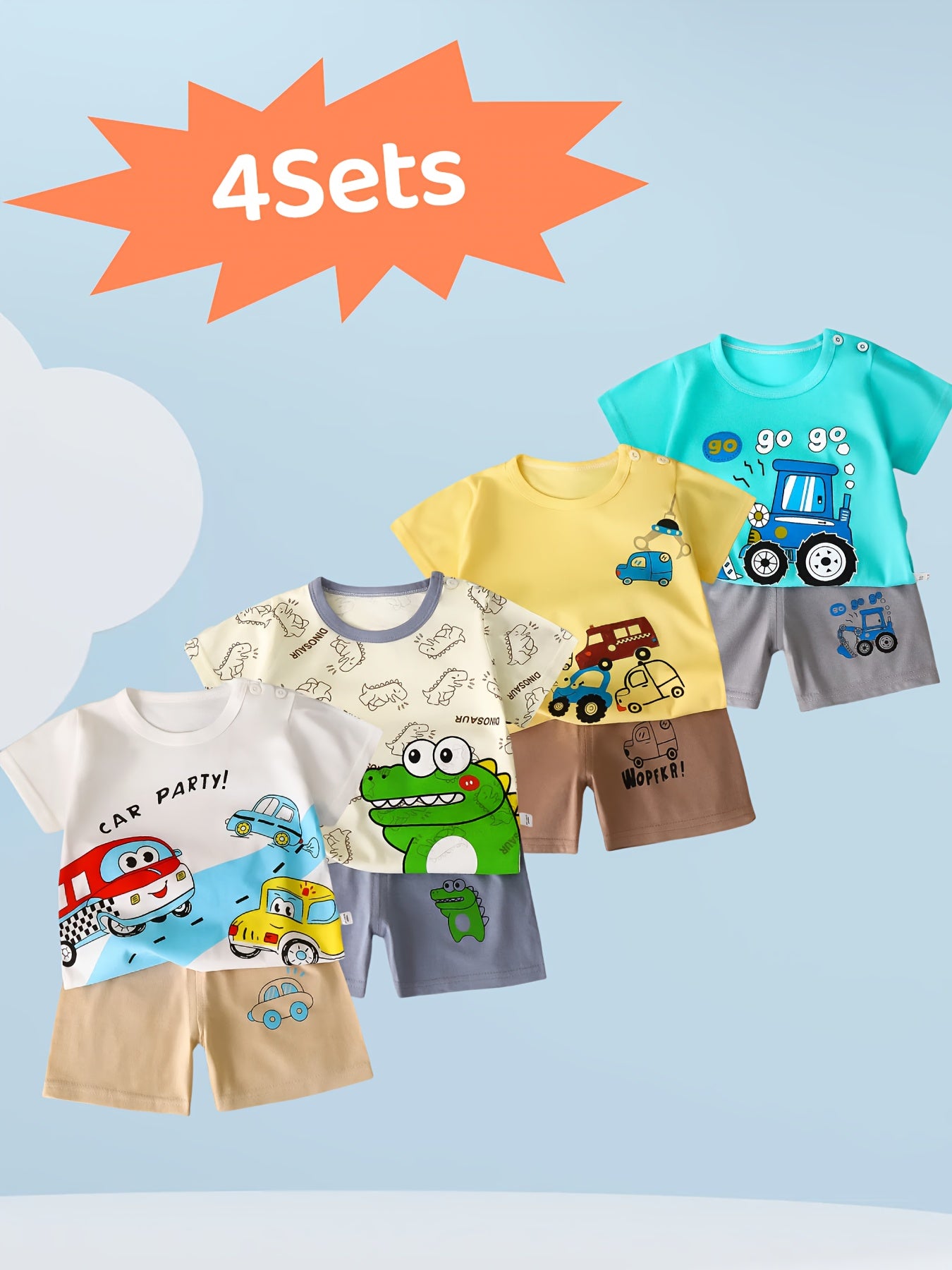 4 sets of 8pcs boys' short-sleeved shorts suits, cute crocodile car cartoon print, pure cotton comfortable fabric, loose and breathable, handsome and cute, it's a good summer gift for Youngsters, Perfect for Outdoor