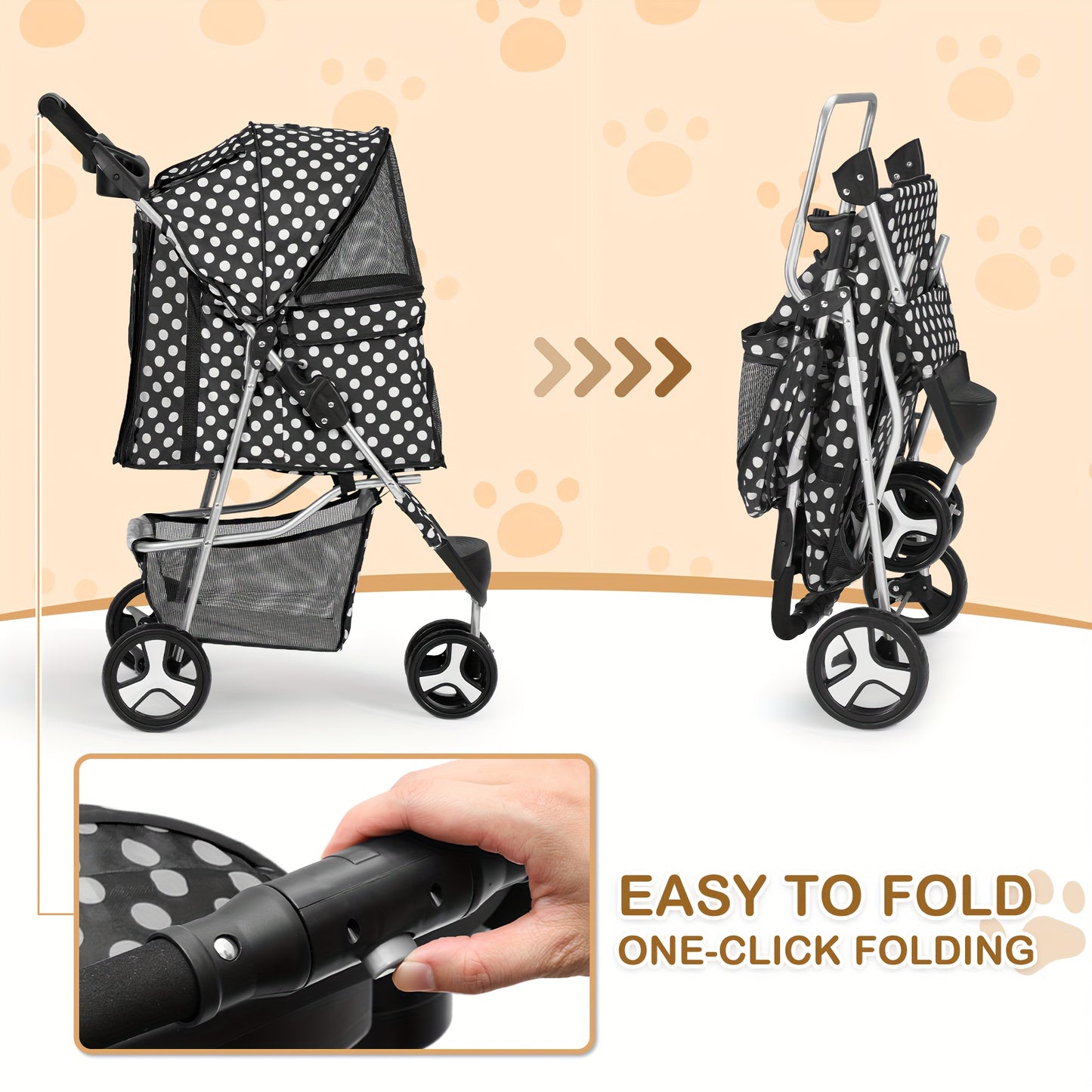 3 Wheels Pet Dog Cat Stroller for Small Medium Dogs Cats - Foldable Jogger Stroller w/Storage Basket and Cup Holder - For Pet Owners - Suitable for Outdoor Walks & Travel - Great Gift for Dog & Cat Lovers