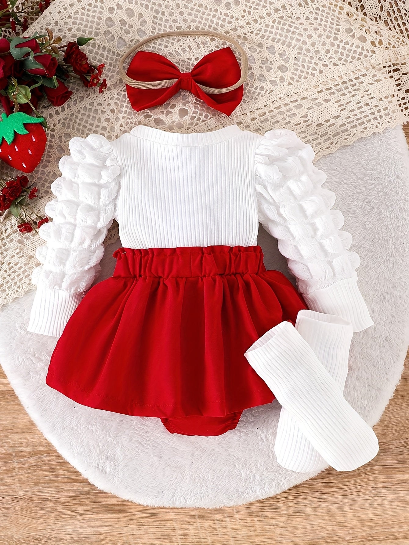 Four Piece Baby Girl Strawberry Embroidered Bow Romper Set With Headband And Socks