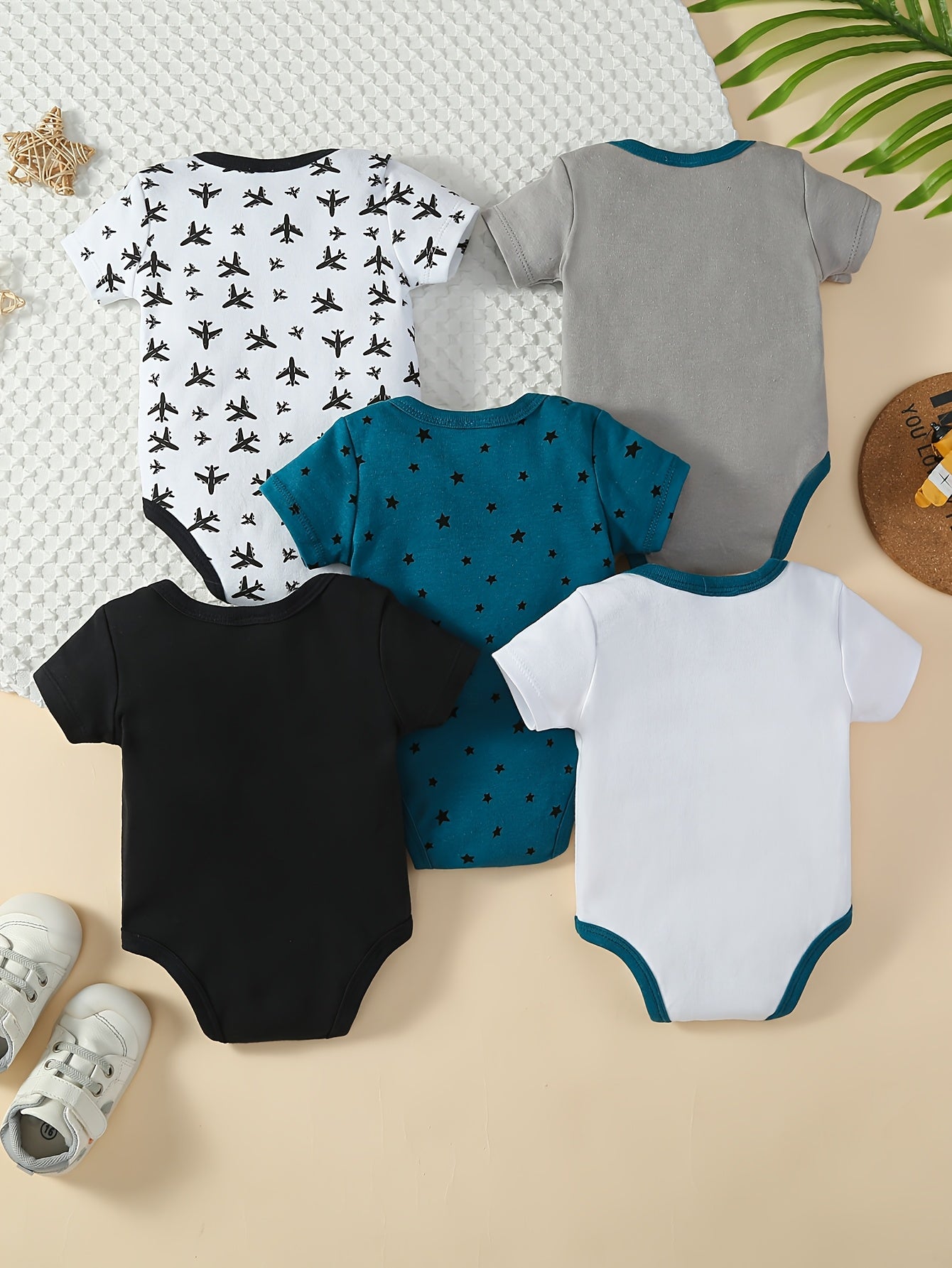 5pcs Set Of Baby Boy's Short Sleeved Cartoon Triangle Jumpsuit, Khai, Baby Boy's Airplane Tie, Gentleman's Casual Climbing Suit